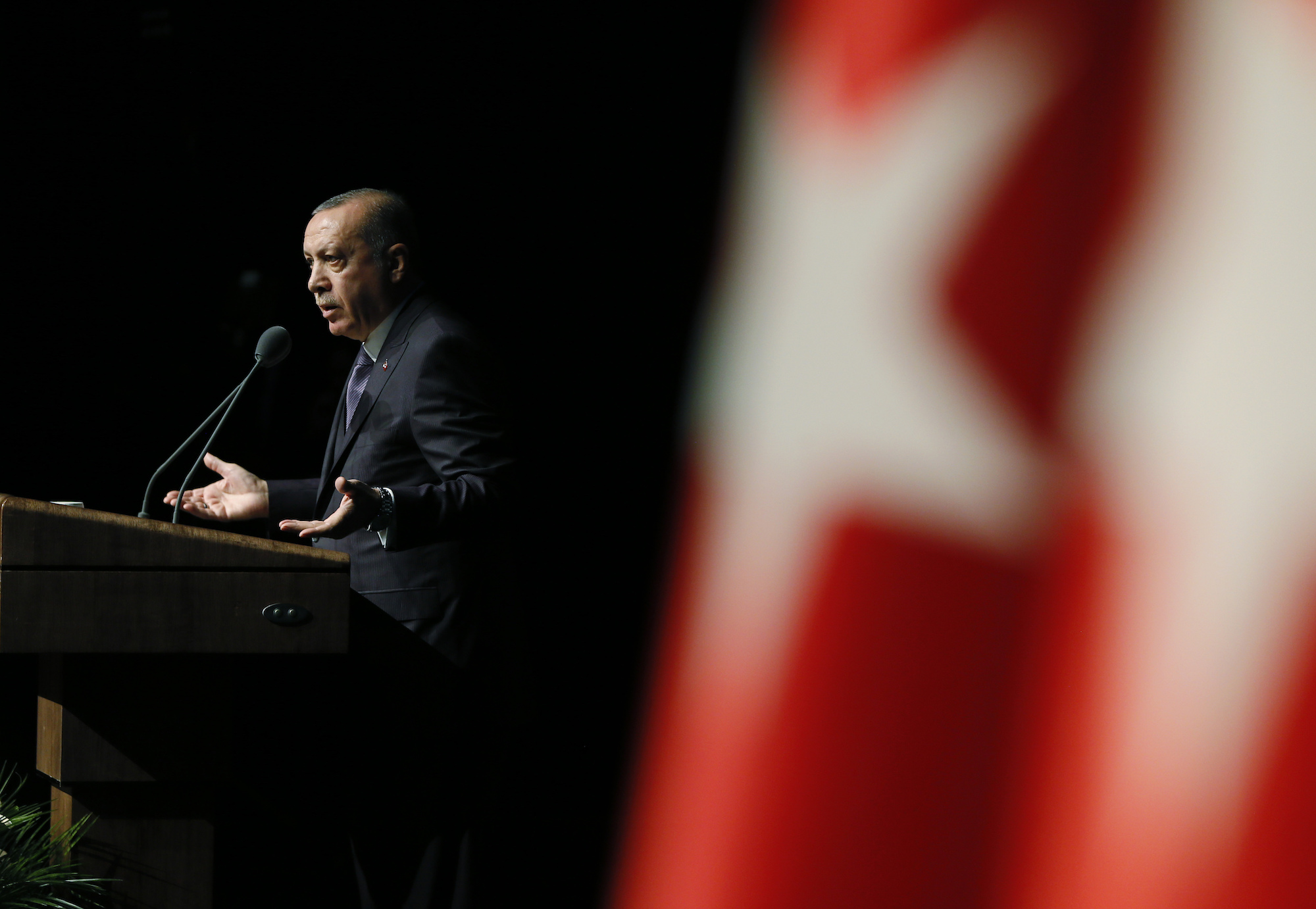 Turkish President Recep Tayyip Erdogan speaks at a symposium in Ankara, Turkey, Oct. 24. (Presidential Press Service via AP)