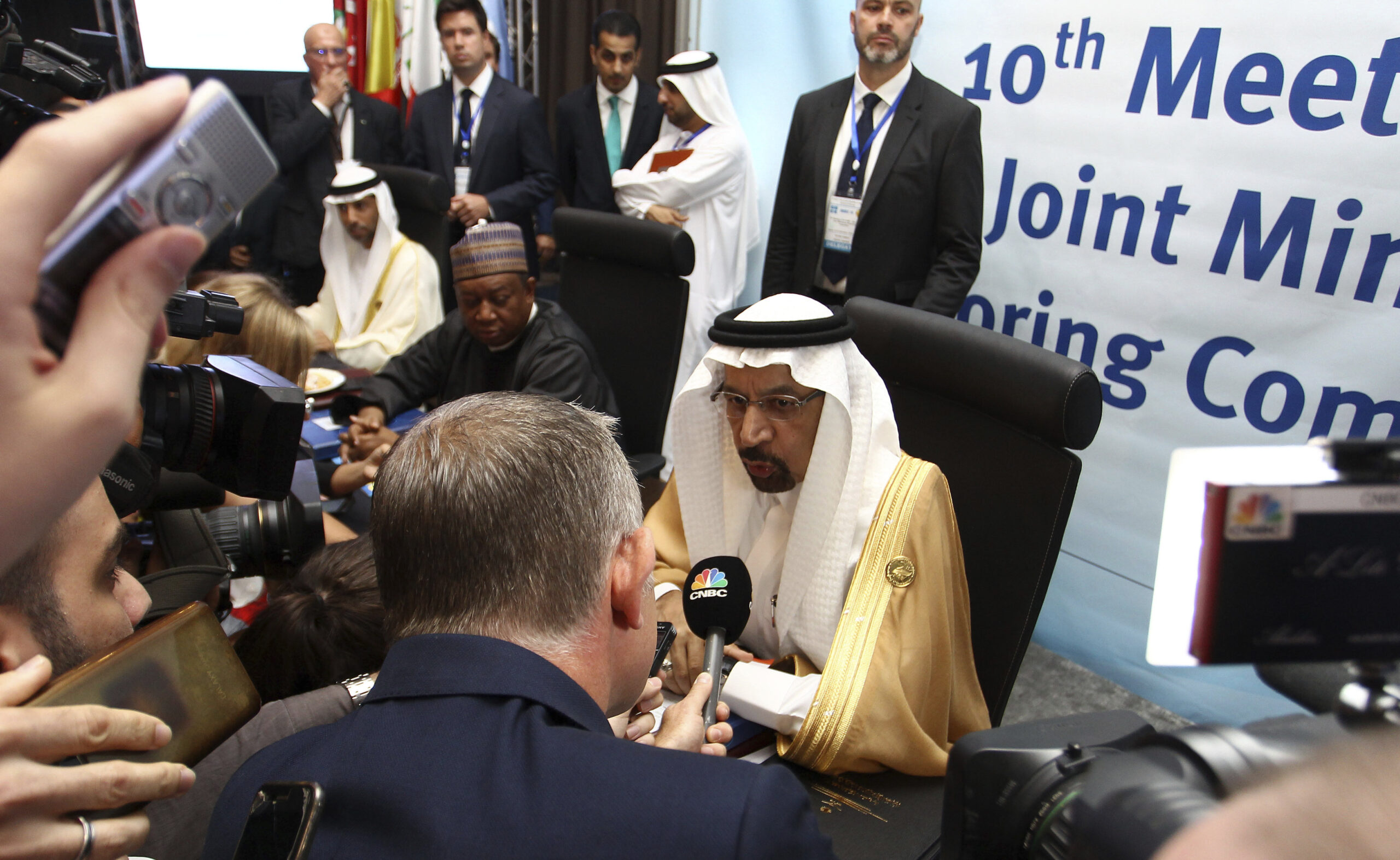 Khalid al-Falih, Saudi minister of energy, industry, and mineral resources speaks to journalists during OPEC's tenth meeting of the the OPEC and non-OPEC Joint Ministerial Monitoring Committee in Algiers, Algeria, Sept. 23. (AP Photo/Anis Belghoul)