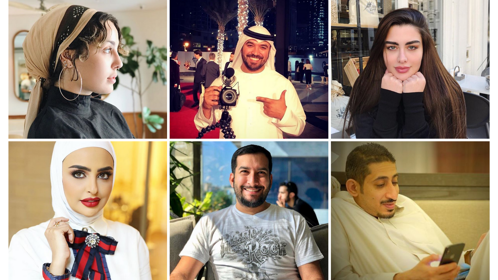 Social media influencers in the Gulf Arab states: Kuwait-American Ascia Al Faraj, Khalid Al Ameri from the United Arab Emirates, Rawan bin Hussain from Kuwait, Sondos Alqattan from Kuwait, Ali Fareed from Bahrain, and Mishari Buyabis from Kuwait (Instagram)