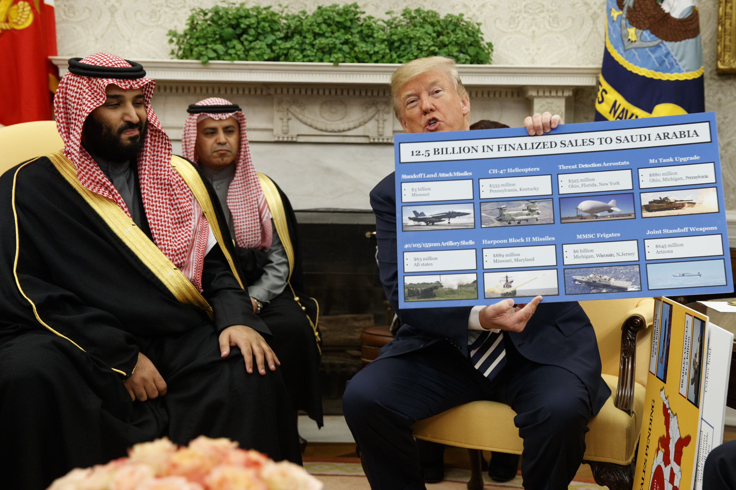 U.S. President Donald J. Trump shows a chart highlighting arms sales to Saudi Arabia during a meeting with Saudi Crown Prince Mohammed bin Salman at the White House, Washington, DC, March 20, 2018. (AP Photo/Evan Vucci)