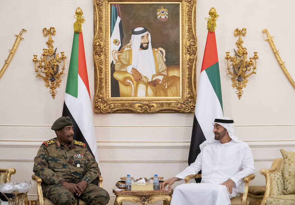 Abu Dhabi Crown Prince Mohammed bin Zayed al-Nahyan, right, receives Lt. Gen. Abdel Fattah al-Burhan, head of Sudan's Transitional Military Council, in Abu Dhabi, United Arab Emirates, May 26. (Mohamed Al Hammadi/Ministry of Presidential Affairs via AP)