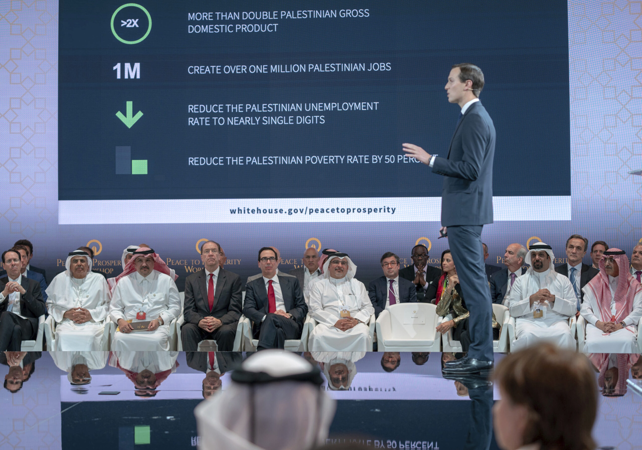 U.S. Treasury Secretary Steven Mnuchin, fifth from left, and Bahraini Crown Prince Salman bin Hamad al-Khalifa, sixth from left, listen to Jared Kushner, White House senior advisor, standing, during the opening session of the "Peace to Prosperity" workshop in Manama, Bahrain, June 25. (Bahrain News Agency via AP)