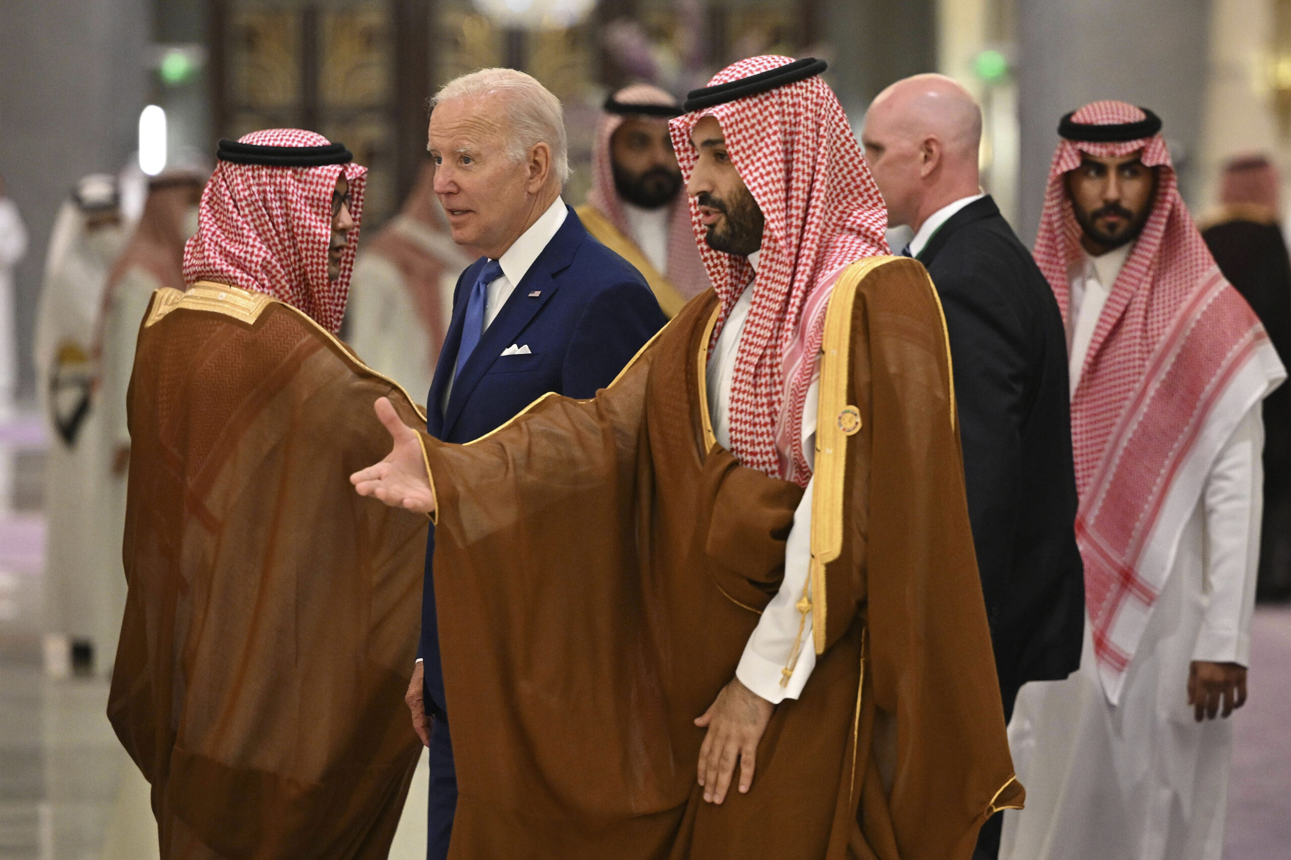 U.S. President Joseph R. Biden Jr., center left, and Saudi Crown Prince Mohammed bin Salman, center, arrive for a photo during the Gulf Cooperation Council meeting in Jeddah, Saudi Arabia, July 16. (Mandel Ngan/Pool Photo via AP)