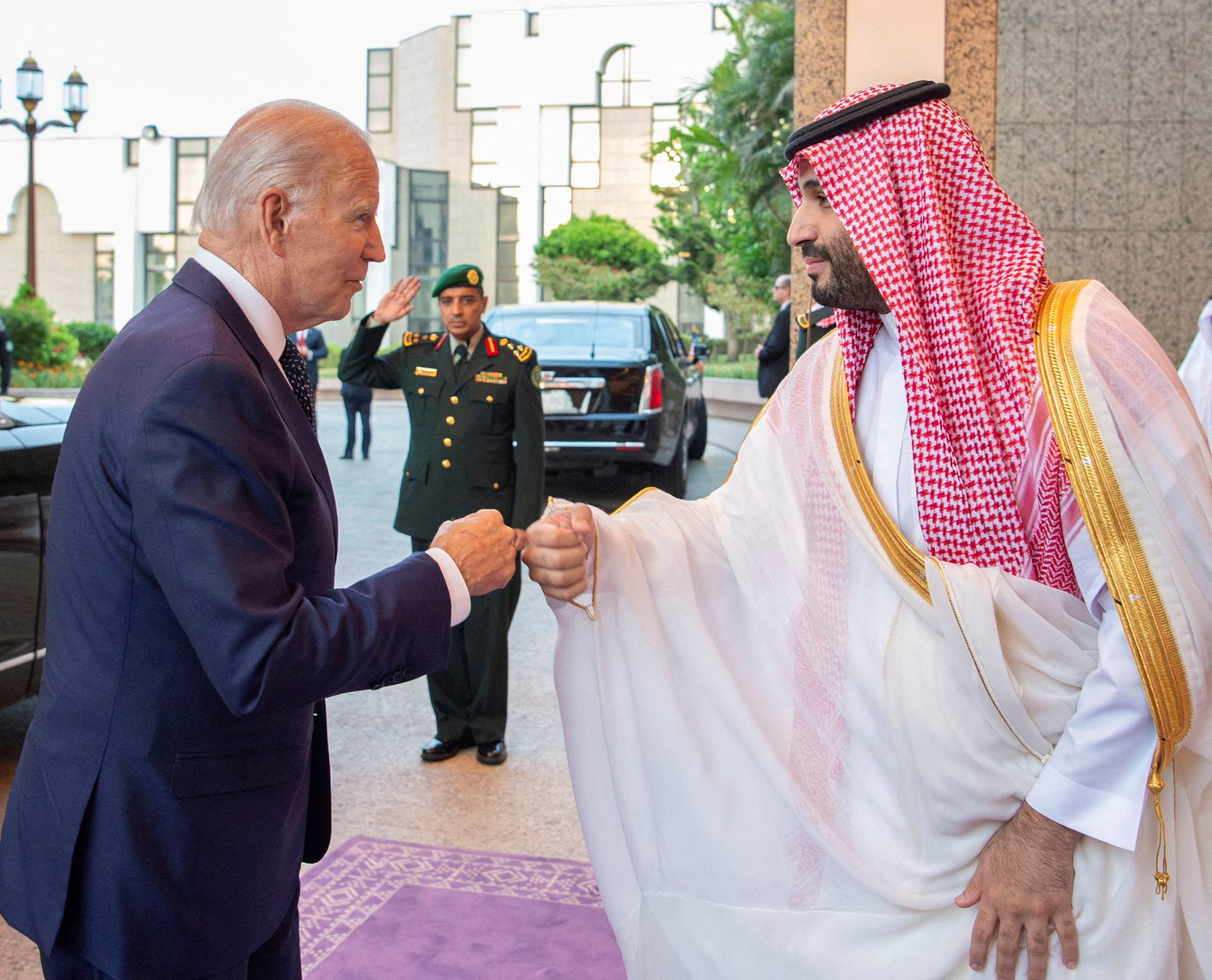 Saudi Crown Prince Mohammed bin Salman, right, fist bumps U.S. President Joseph R. Biden Jr., Jeddah, Saudi Arabia, July 15. (Bandar Algaloud/Courtesy of Saudi Royal Court/Handout via REUTERS)