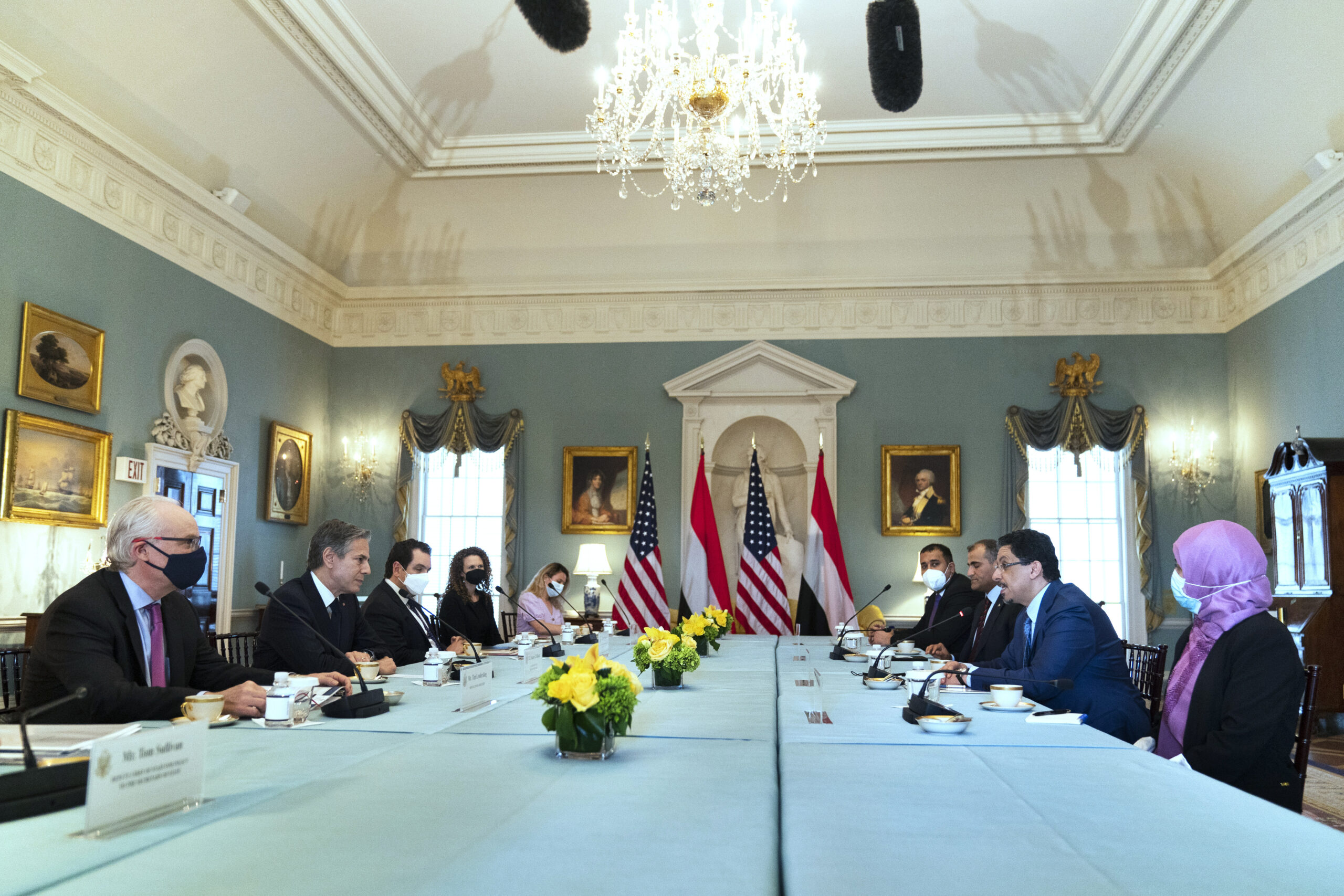 Secretary of State Antony Blinken, second from left, and Yemeni Foreign Minister Ahmed Awad Bin Mubarak, second from right, speak during their meeting at the State Department May 17, in Washington. (AP Photo/Manuel Balce Ceneta, Pool)