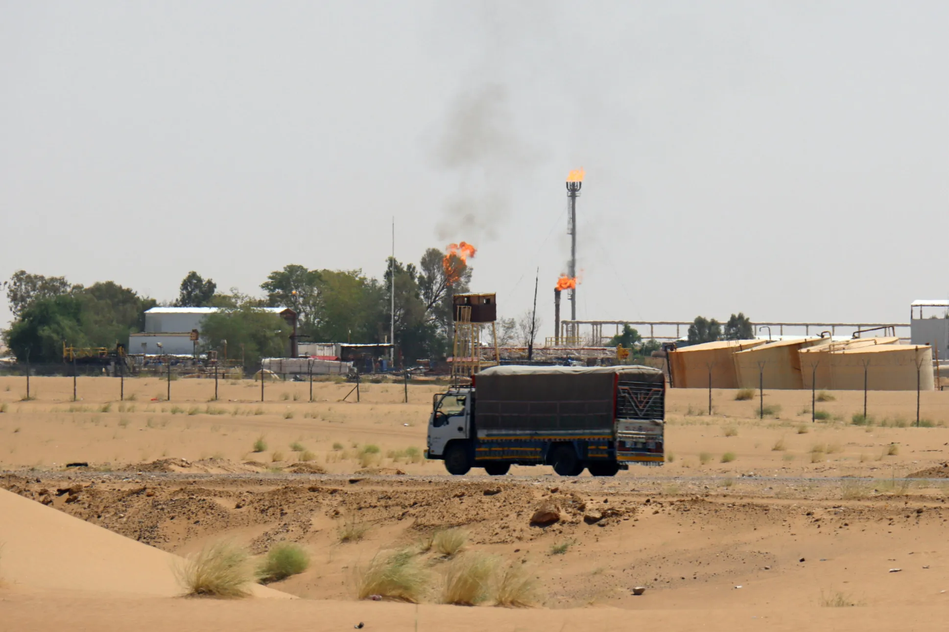 A truck drives past the Safer oil refinery in Marib, Yemen September 30, 2020. (REUTERS/Ali Owidha)