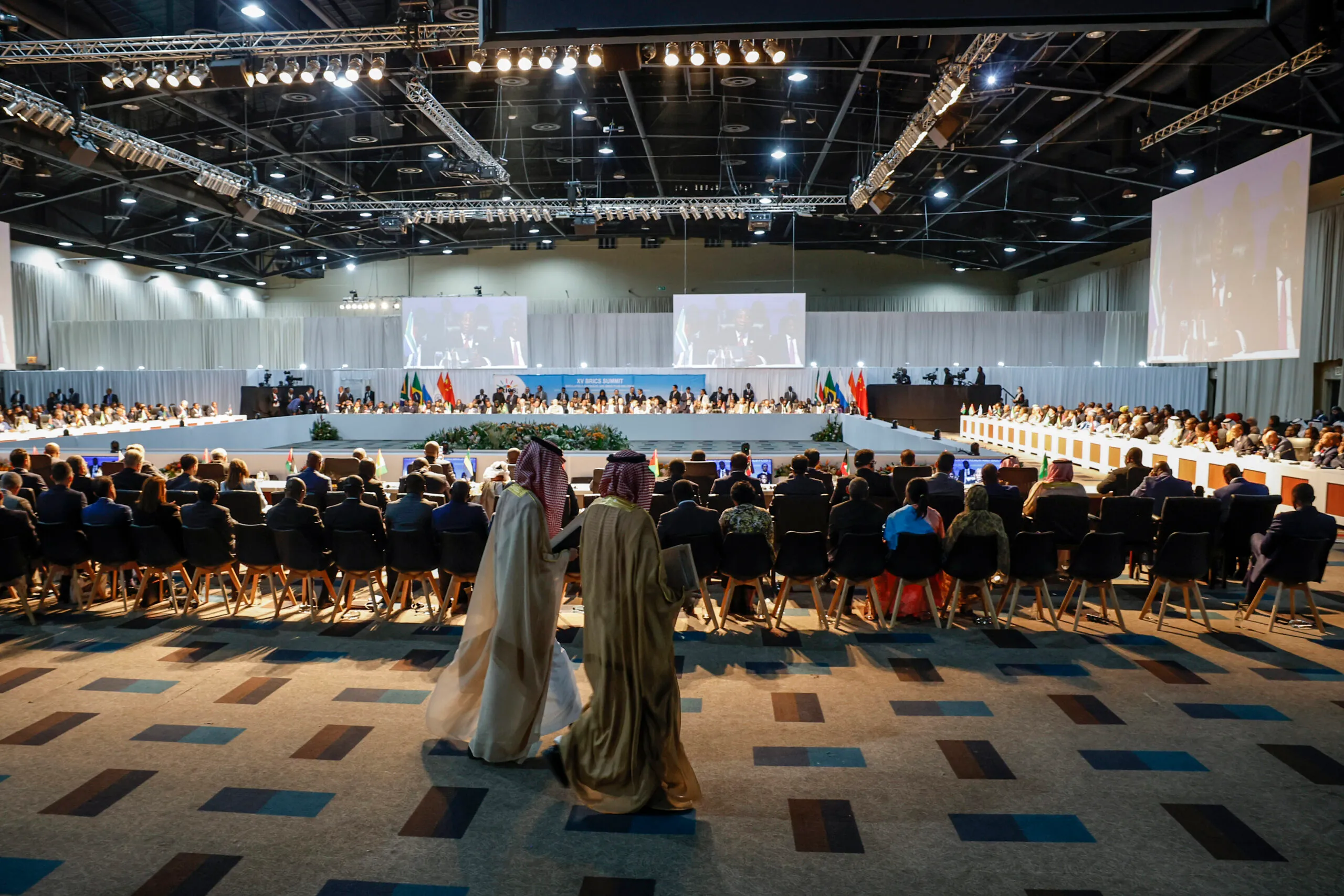 A general view of delegates attending a meeting during the 2023 BRICS Summit at the Sandton Convention Centre in Johannesburg, August 24, 2023. (Marco Longari/Pool via AP)