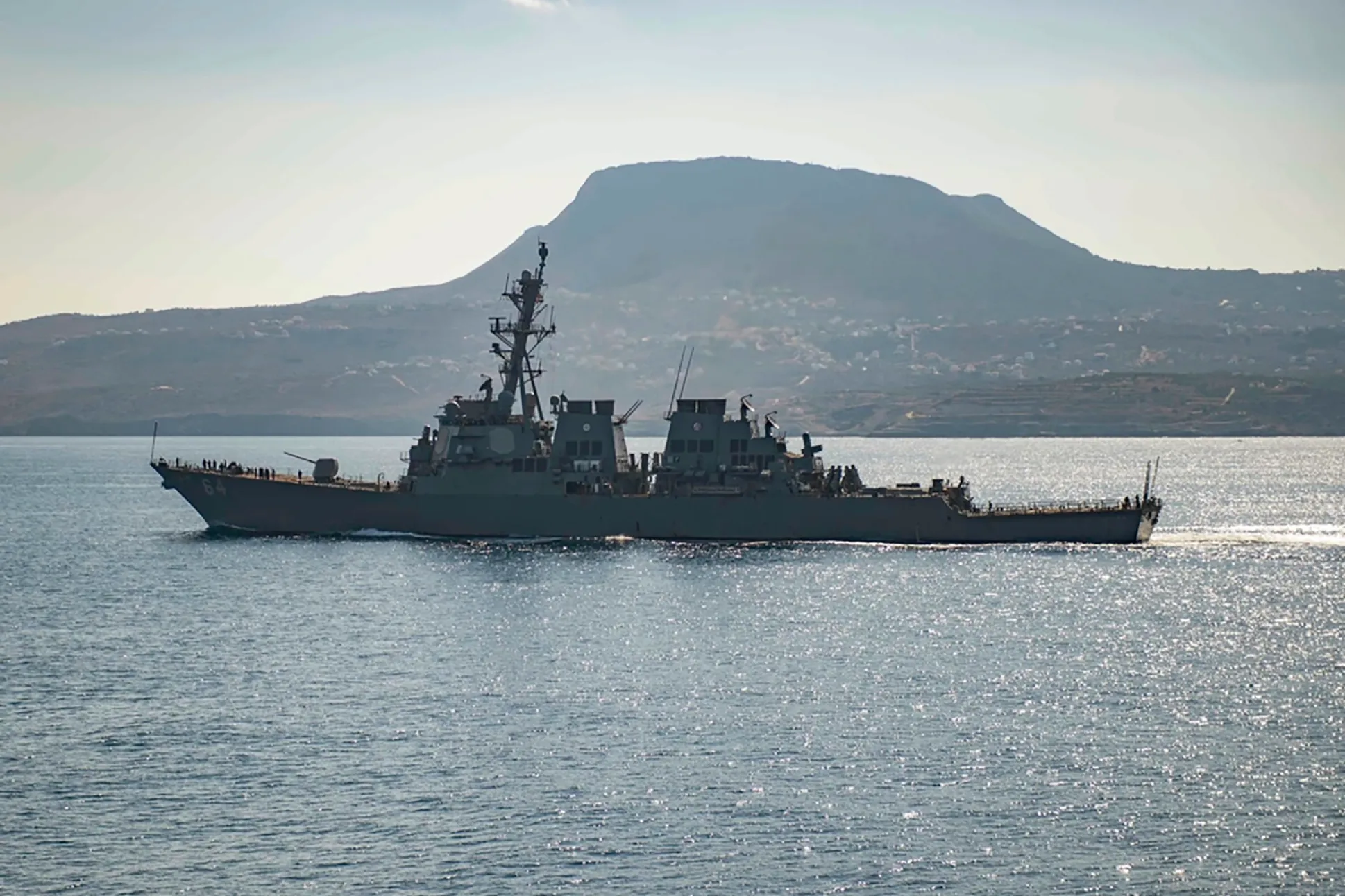 The guided-missile destroyer USS Carney in Souda Bay, Greece. The Pentagon said the U.S. warship came under attack Dec. 3, 2023 in the Red Sea along with multiple commercial ships. (Petty Officer 3rd Class Bill Dodge/U.S. Navy via AP)