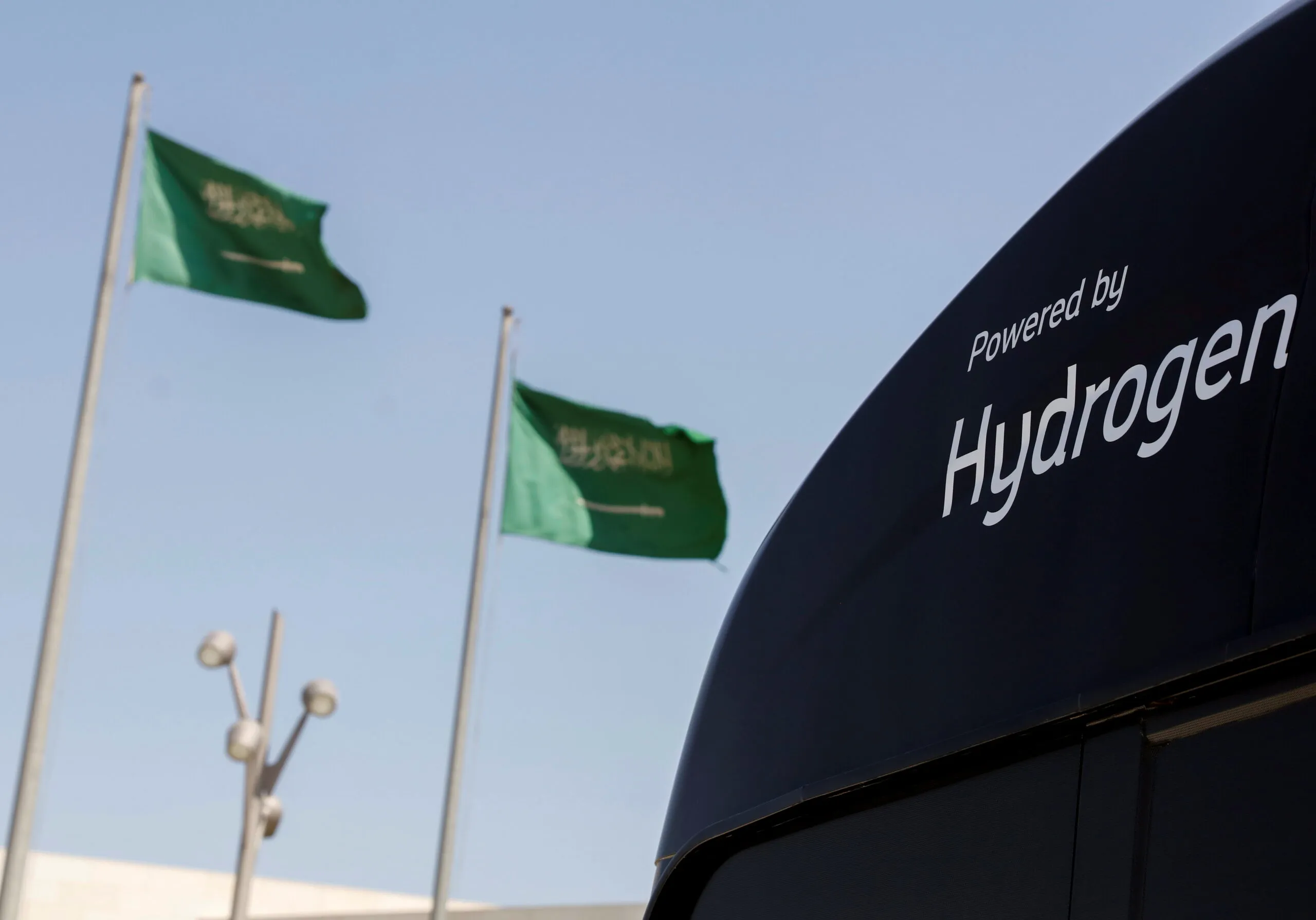 Hydrogen powered mobile unite is seen during Saudi Aramco's media trip to demonstrate Hydrogen automotive technology at Techno Valley Science Park in Dhahran, Saudi Arabia, June 27, 2021. (REUTERS/Hajer Abdulmohsin)