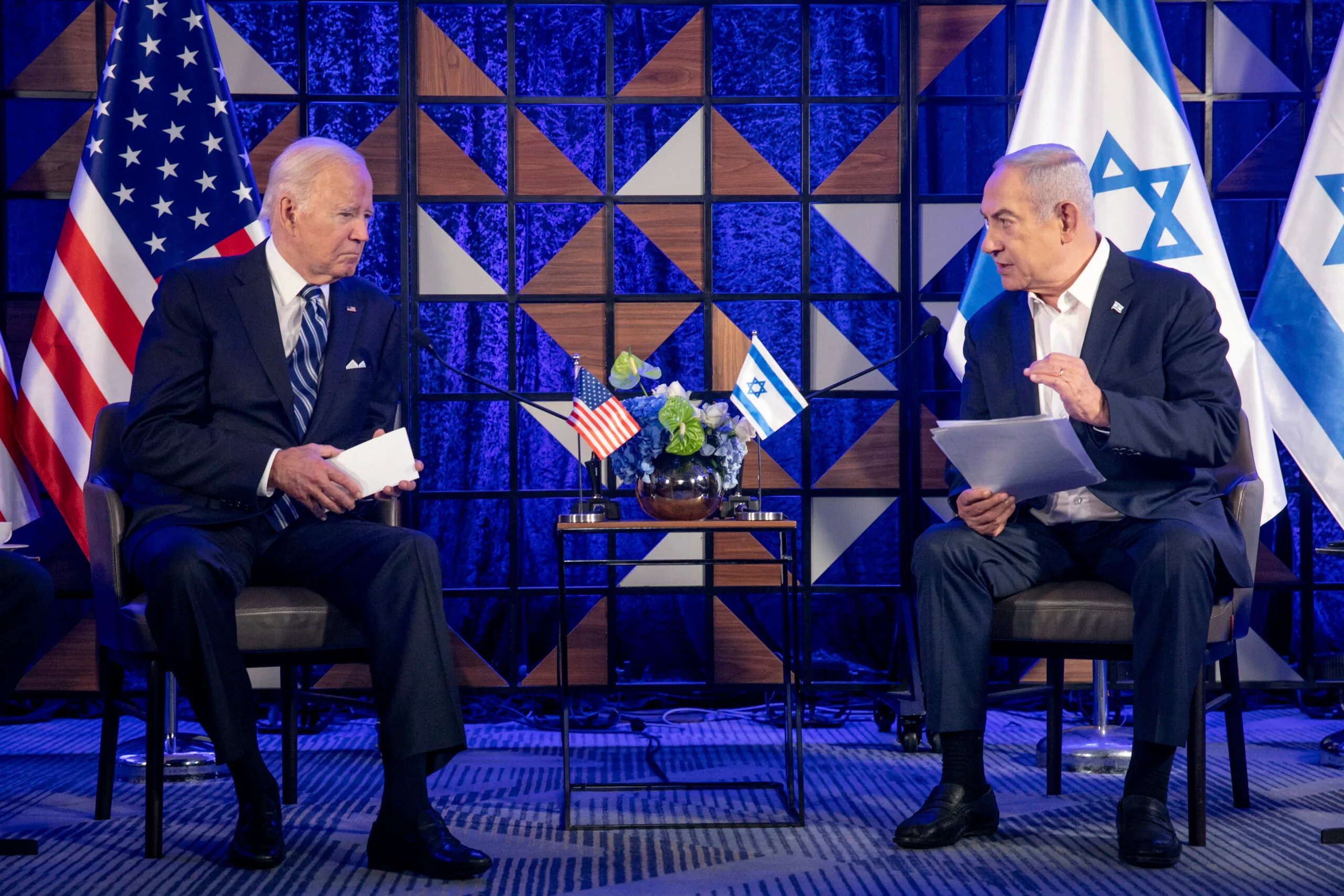 U.S. President Joseph R. Biden Jr., left, meets with Israeli Prime Minister Benjamin Netanyahu, right, to discuss the the war between Israel and Hamas, in Tel Aviv, Israel, on Oct. 18, 2023. (Miriam Alster/Pool Photo via AP, File)