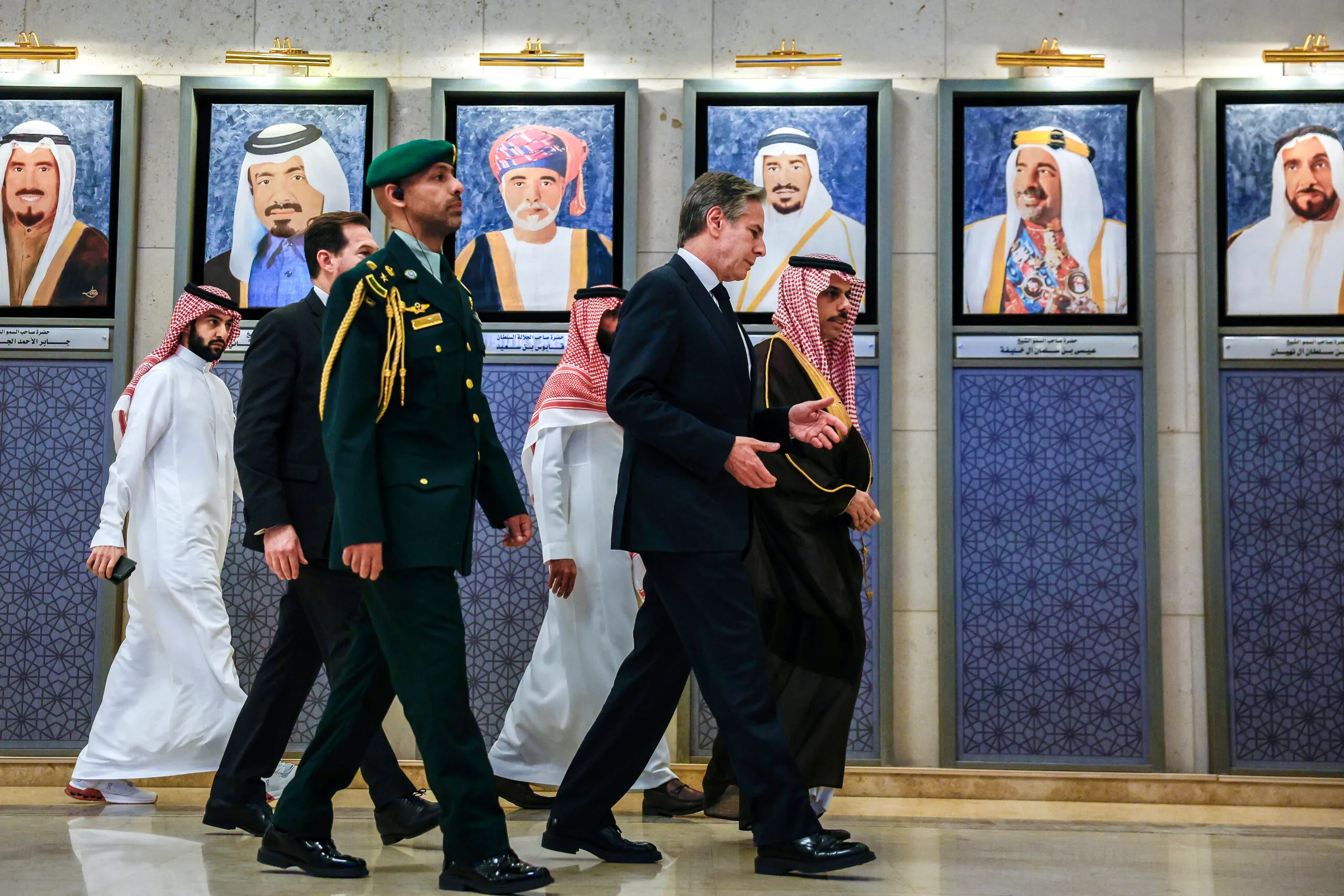 Saudi Foreign Minister Faisal bin Farhan, right, and U.S. Secretary of State Antony Blinken, second right, walk to a Joint Ministerial Meeting of the GCC-U.S. Strategic Partnership to discuss the humanitarian crises faced in Gaza, in Riyadh, Saudi Arabia, April 29. (Evelyn Hockstein/Pool via AP)