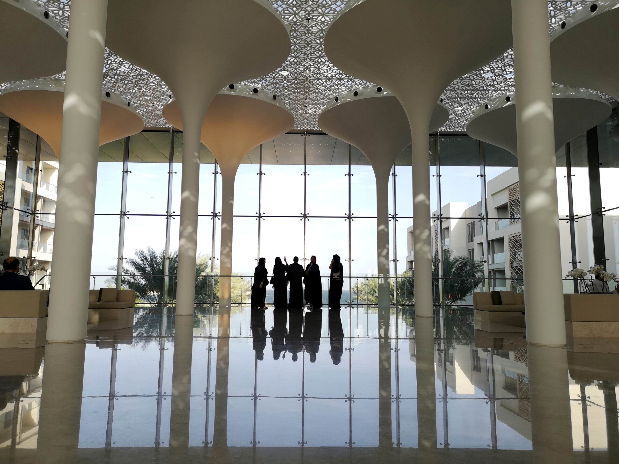 Omani women stand in the hotel lobby in the newly developed property, Al Mouj Muscat, in Muscat, Oman, February 11, 2019. (REUTERS/ Hamad I Mohammed)