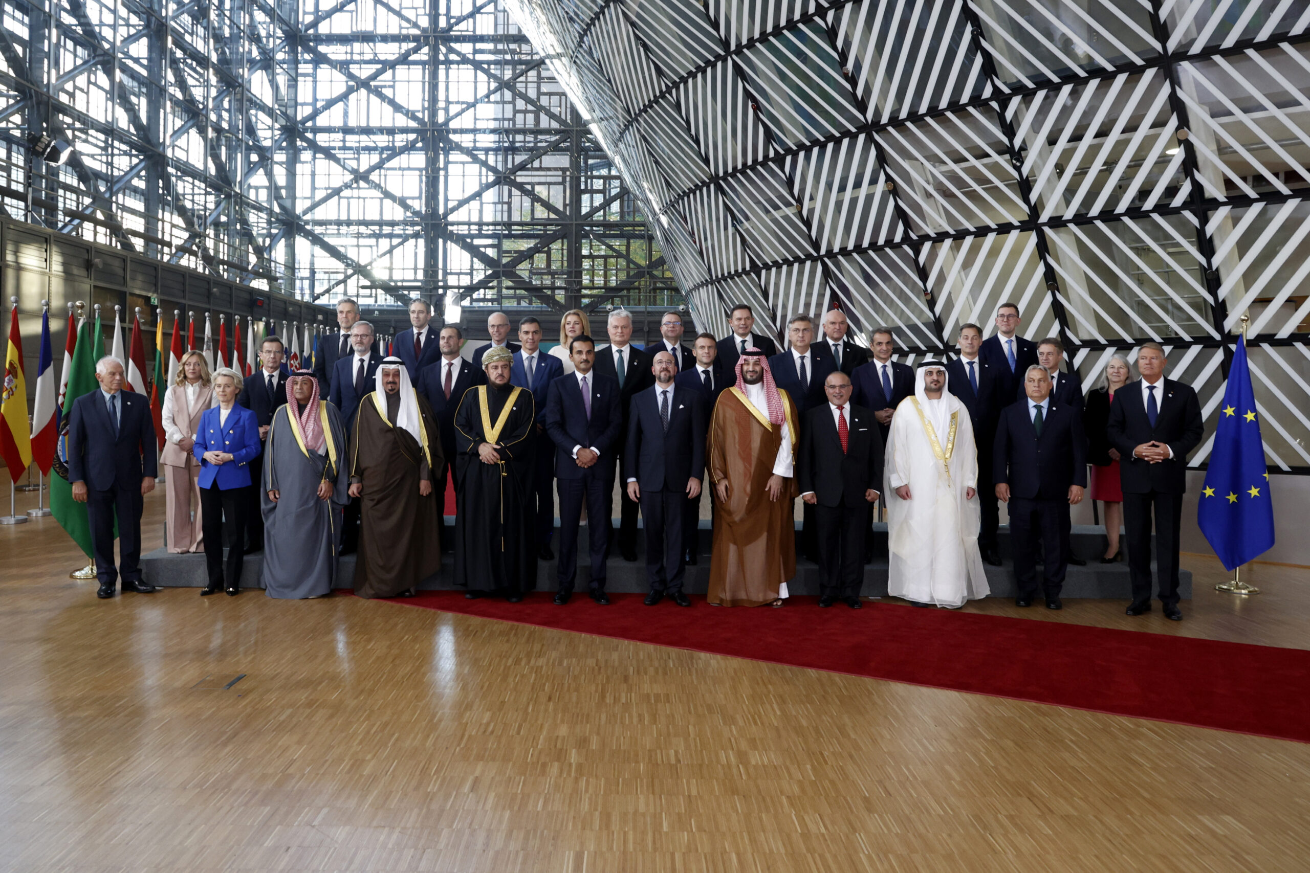 European Union heads of state pose with Gulf counterparts during a group photo at an EU-Gulf Cooperation Council meeting in Brussels, Belgium, October 16. (AP Photo/Omar Havana)