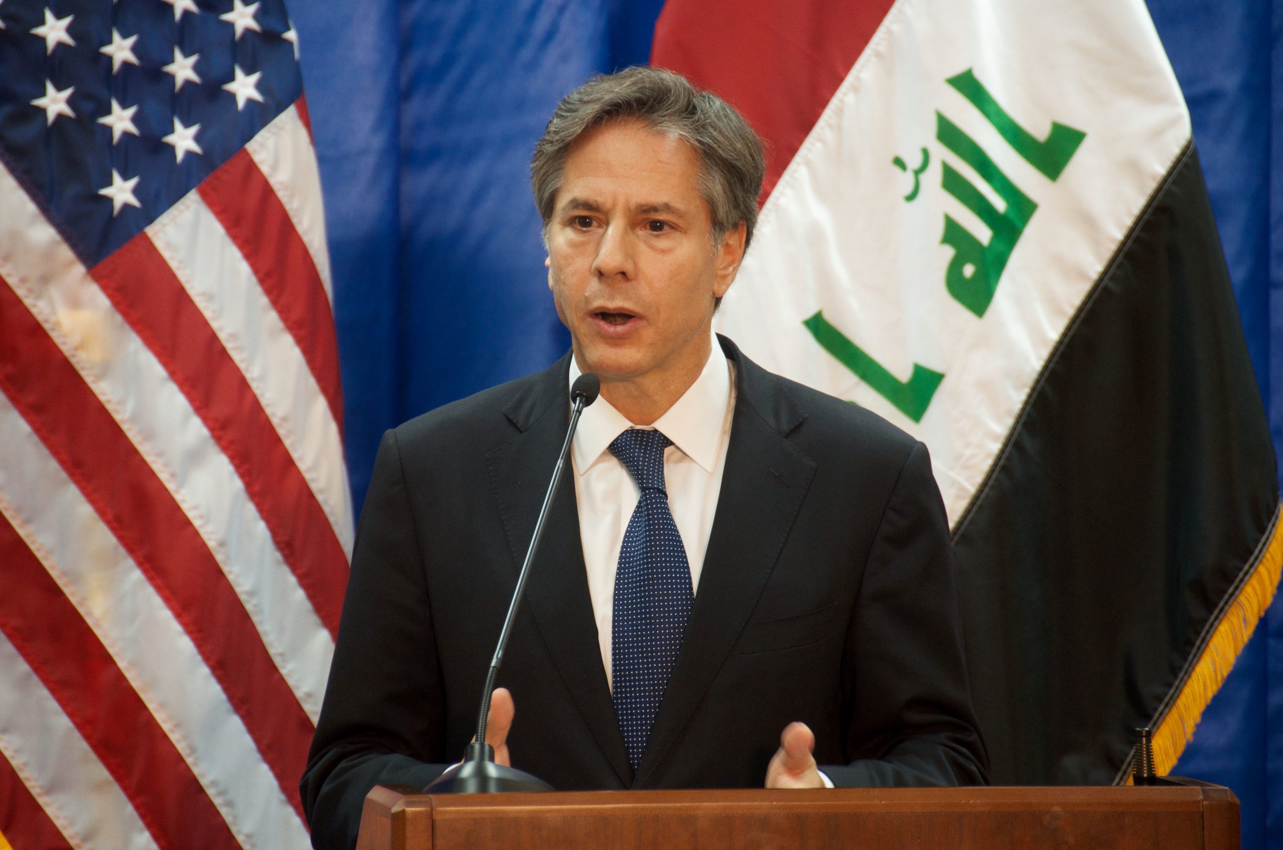 Then-Deputy Secretary of State Antony Blinken speaks to reporters in Baghdad, Iraq, Sept. 14, 2016. (U.S. State Department via AP)