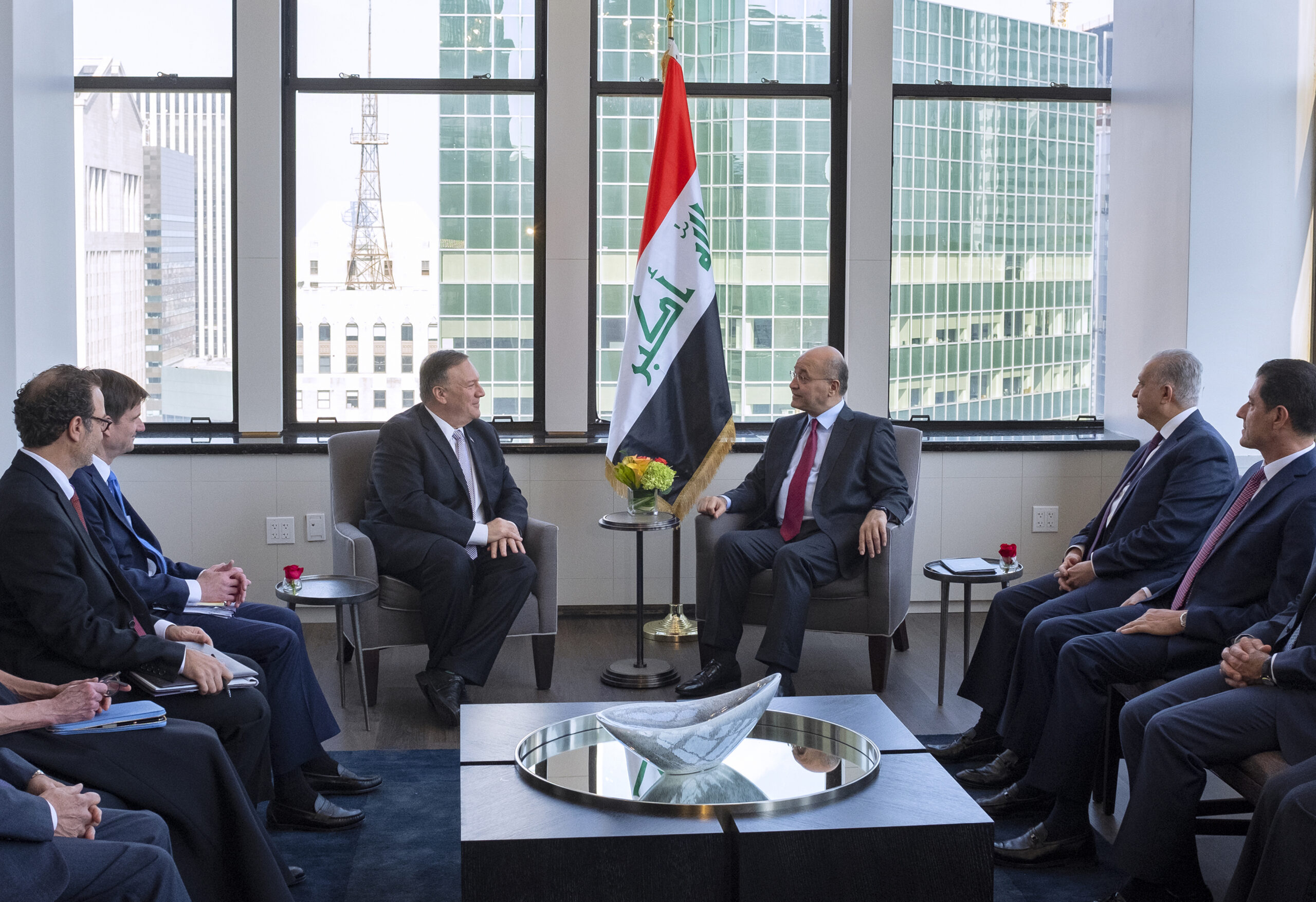U.S. Secretary of State Mike Pompeo meets with President of Iraq Barham Salih, Sept. 22, 2019, in New York. (AP Photo/Craig Ruttle)