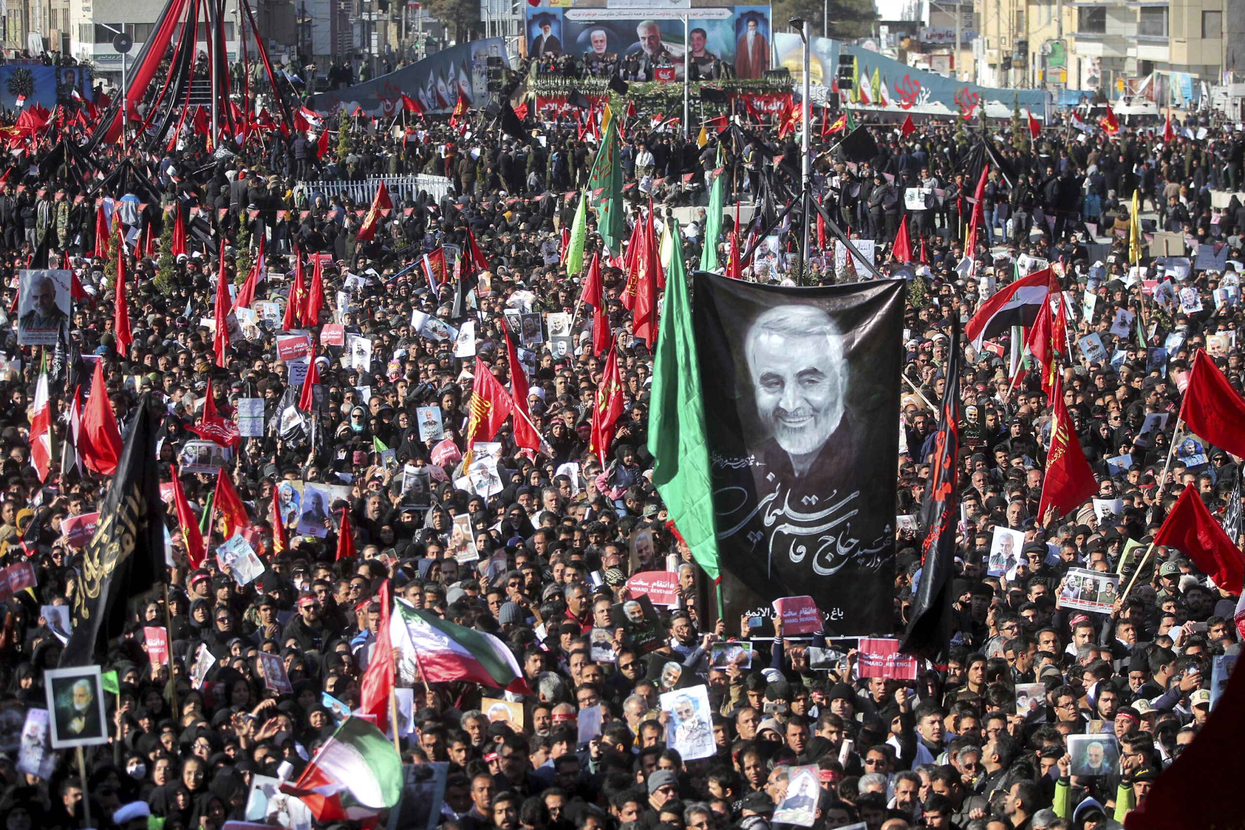 Mourners attend a funeral ceremony for Iran's Quds Force commander Major General Qassim Suleimani, Kerman, Iran, Jan. 7. (Erfan Kouchari/Tasnim News Agency via AP)