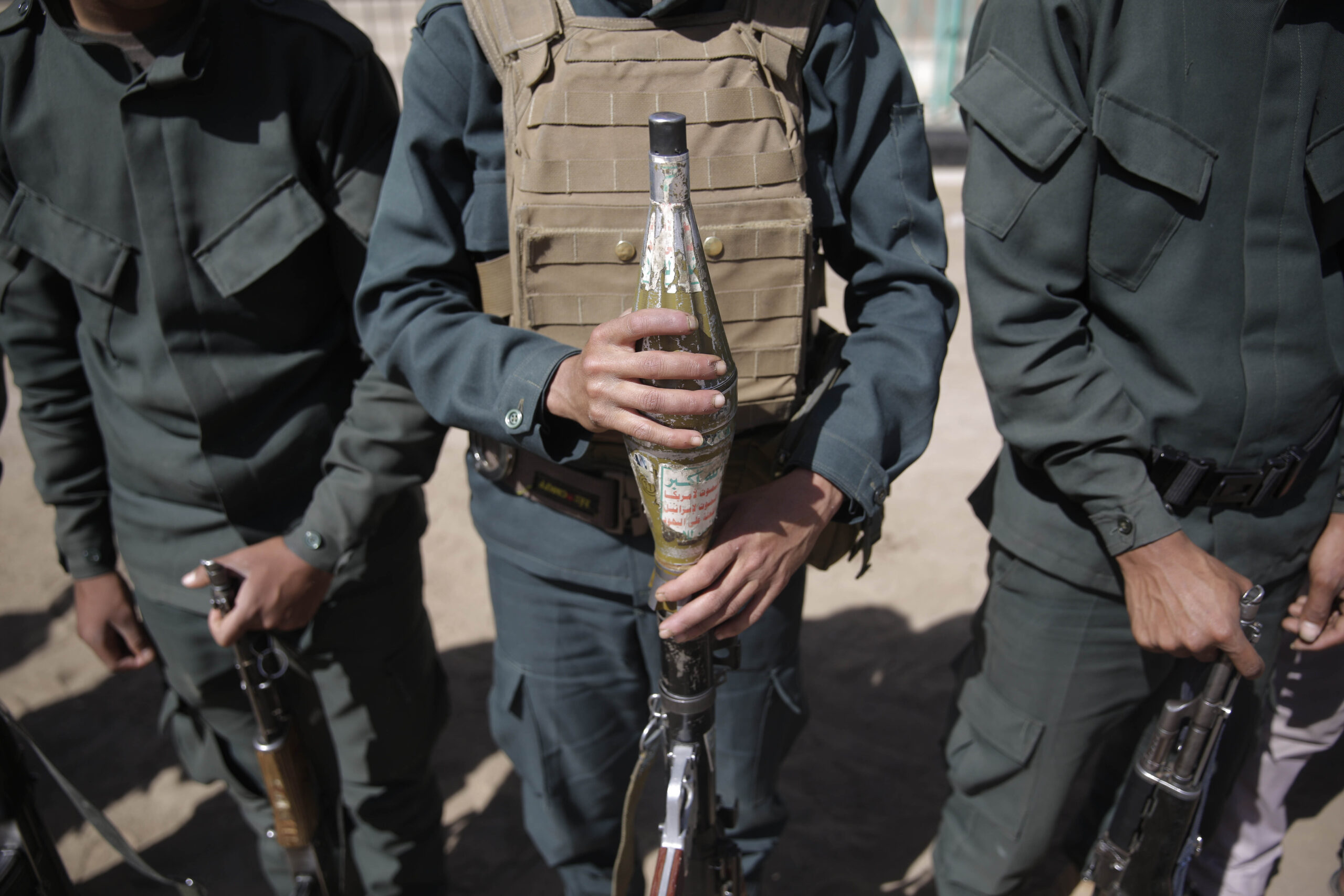 Houthi rebel fighters display their weapons during a gathering aimed at mobilizing more fighters for the Houthi movement, Sanaa, Yemen, Feb. 20. (AP Photo/Hani Mohammed)