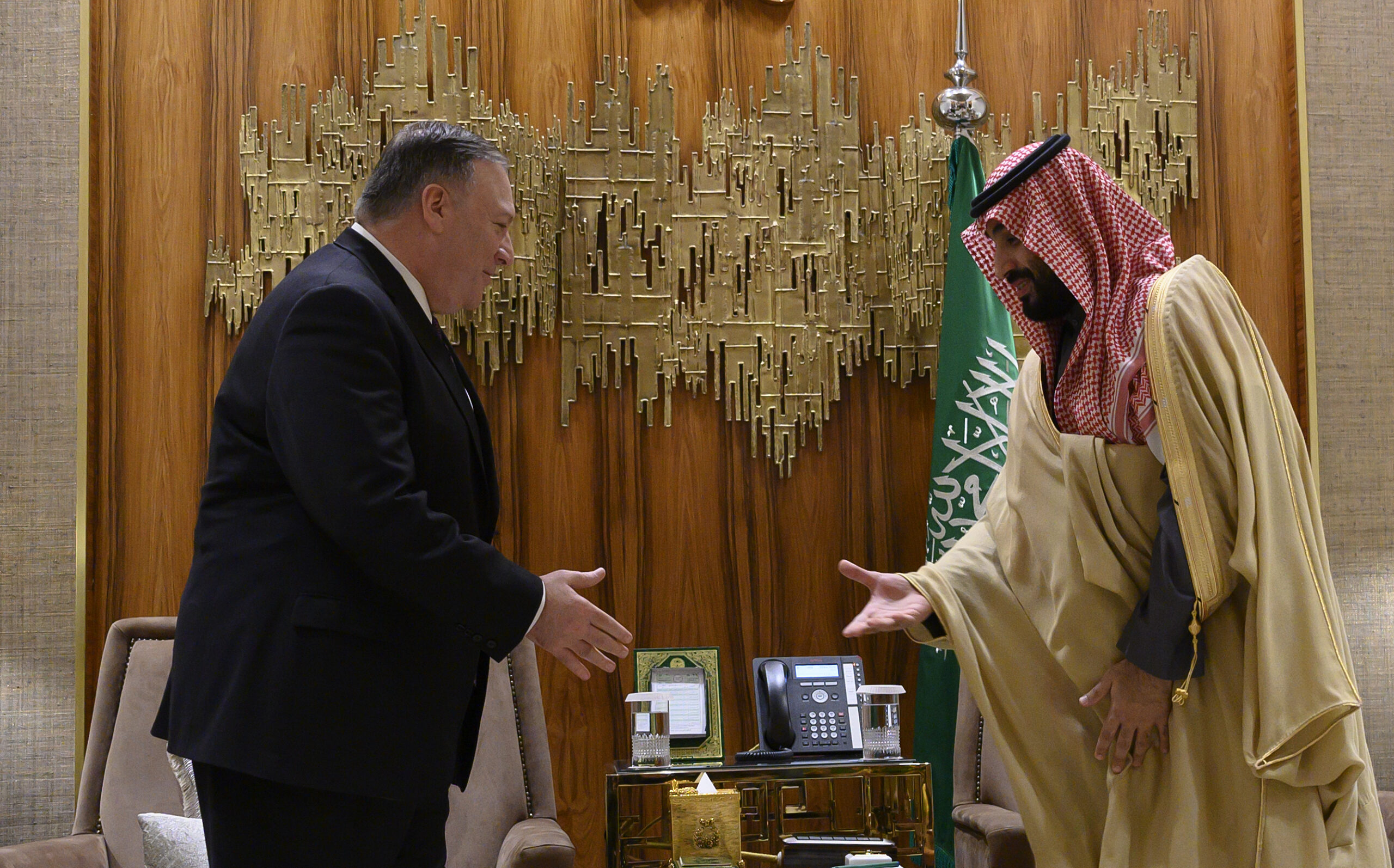 U.S. Secretary of State Mike Pompeo, left, meets with Saudi Arabia's Crown Prince Mohammed bin Salman in Riyadh Saudi Arabia, February 20. (Andrew Caballero-Reynolds/Pool via AP)