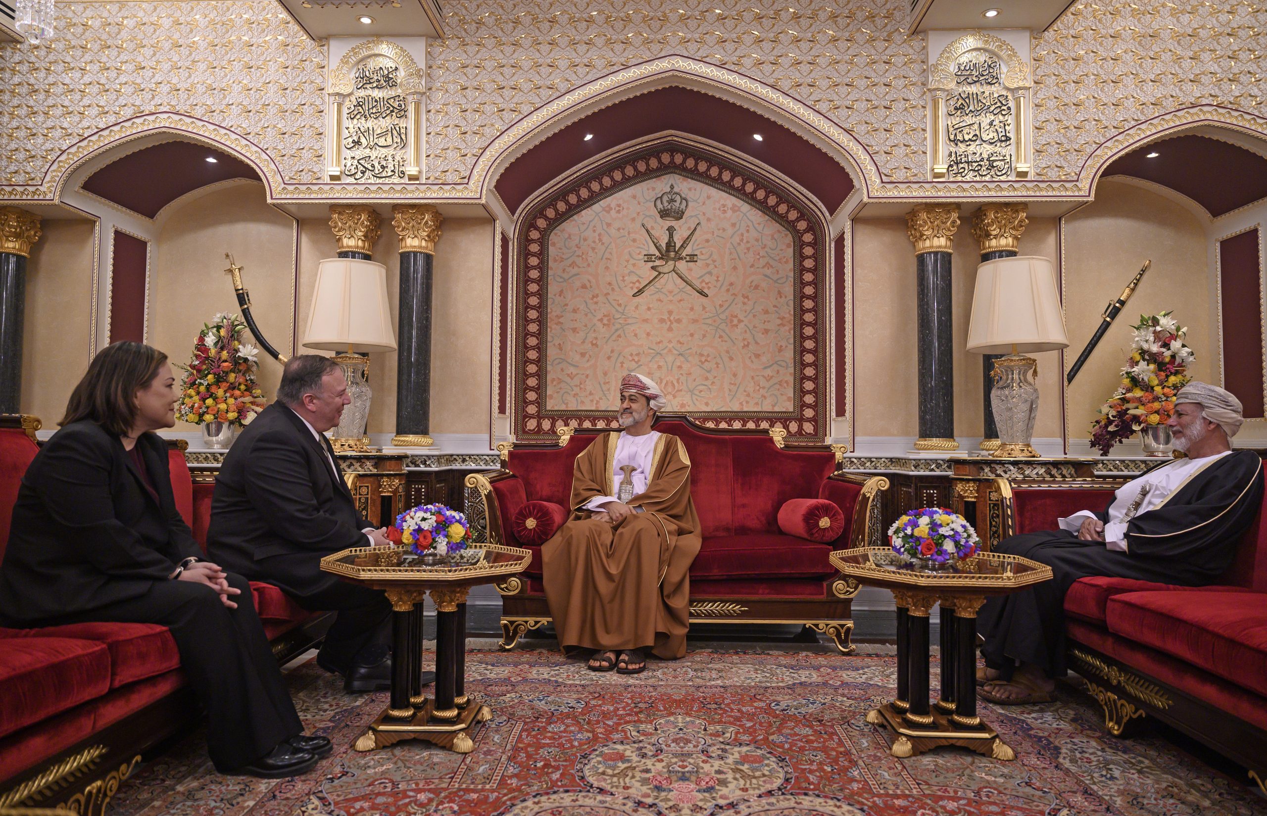 Oman's Sultan Haitham bin Tariq, center, meets with then-U.S. Secretary of State Mike Pompeo, second left, U.S. Ambassador to Oman Leslie Tsou, left, and Omani Minister of Foreign Affairs Yusuf bin Alawi at al-Alam palace in Muscat, Feb. 21, 2020. (Andrew Caballero-Reynolds via AP)