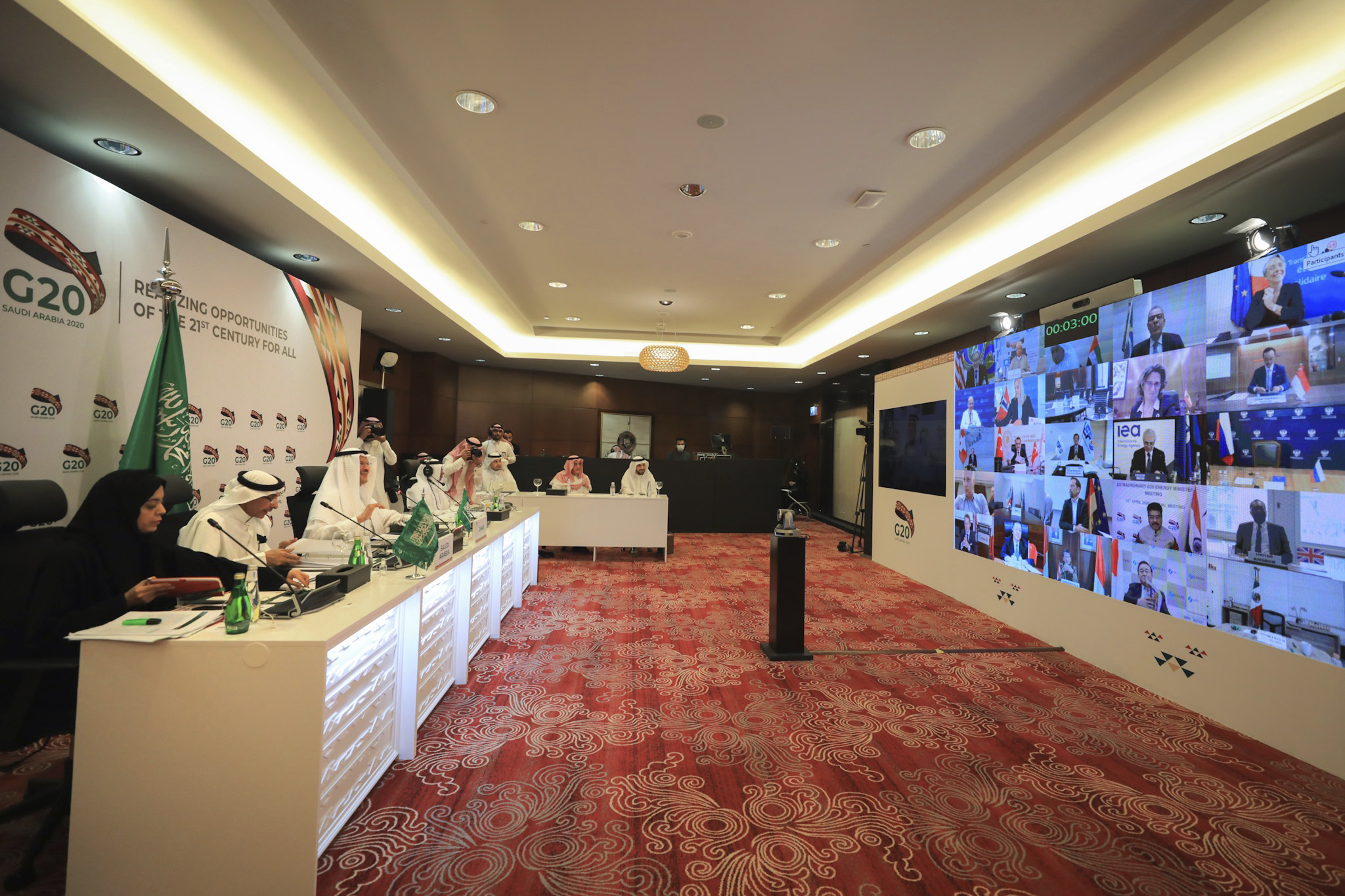 Saudi Minister of Energy Prince Abdulaziz bin Salman Al-Saud, third right, chairs a virtual summit of G20 energy ministers, Riyadh, Saudi Arabia, April 10. (Saudi Energy Ministry via AP)