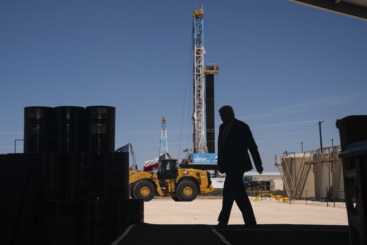 U.S. President Donald J. Trump arrives to deliver remarks on U.S. energy production during a visit to the Double Eagle Energy oil rig, July 29, Midland, Texas. (AP Photo/Evan Vucci)