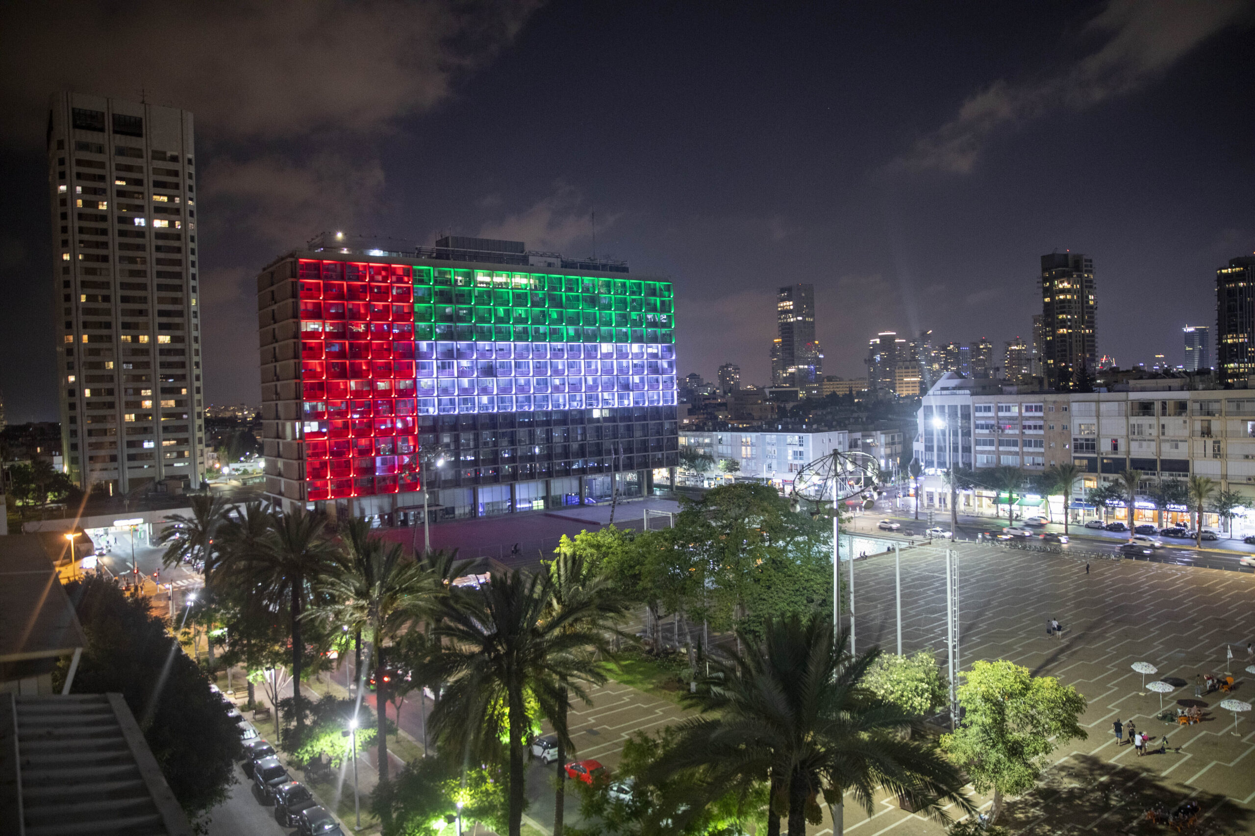 Tel Aviv City Hall, in Tel Aviv, Israel, is lit up with the flag of the United Arab Emirates as the UAE and Israel announced they would be establishing full diplomatic ties, Aug. 13. (AP Photo/Oded Balilty, File)