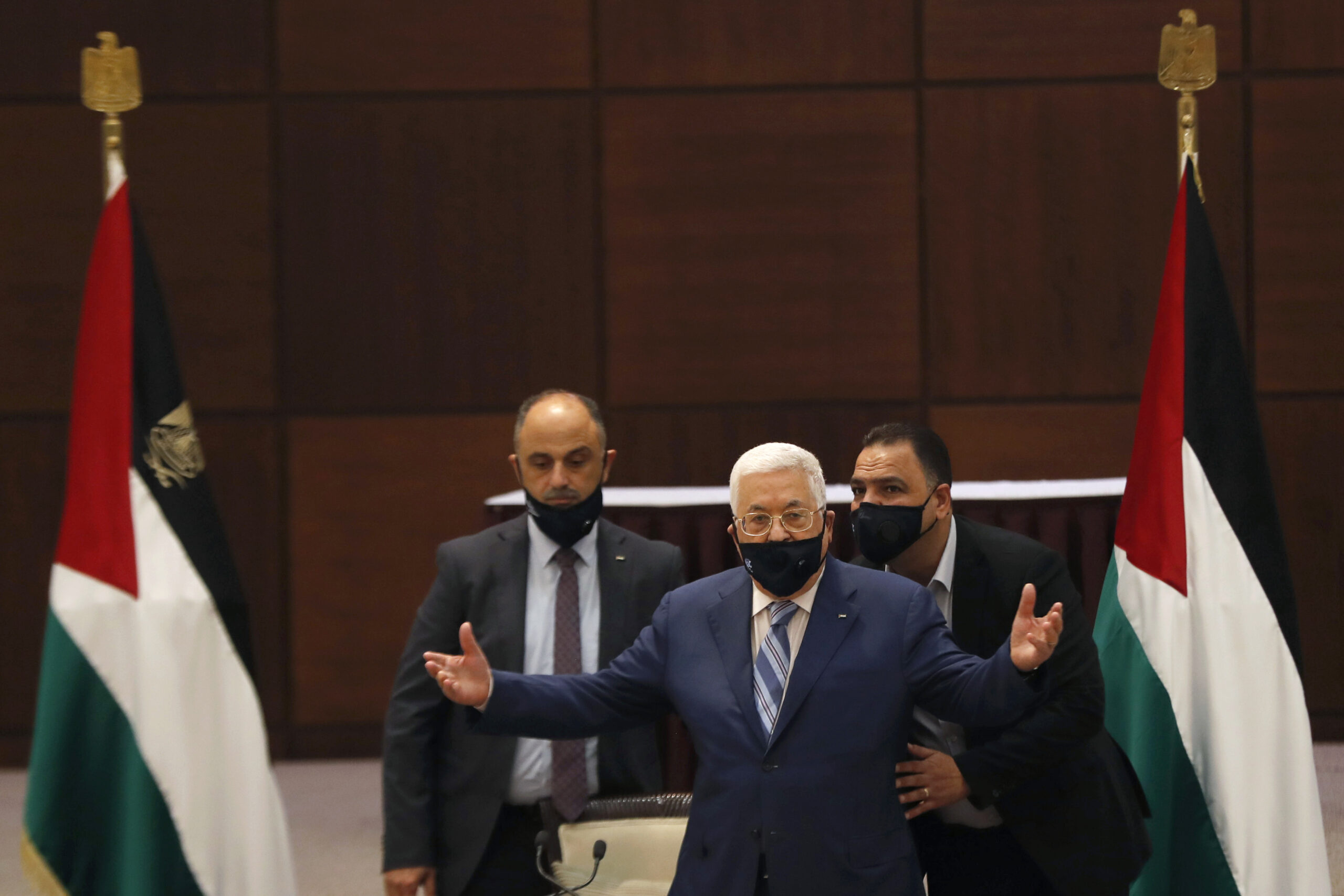 Palestinian President Mahmoud Abbas gestures during a meeting with the Palestinian leadership to discuss the United Arab Emirates' deal with Israel to normalize relations, in the West Bank city of Ramallah, Aug. 18. (Mohamad Torokman via AP)