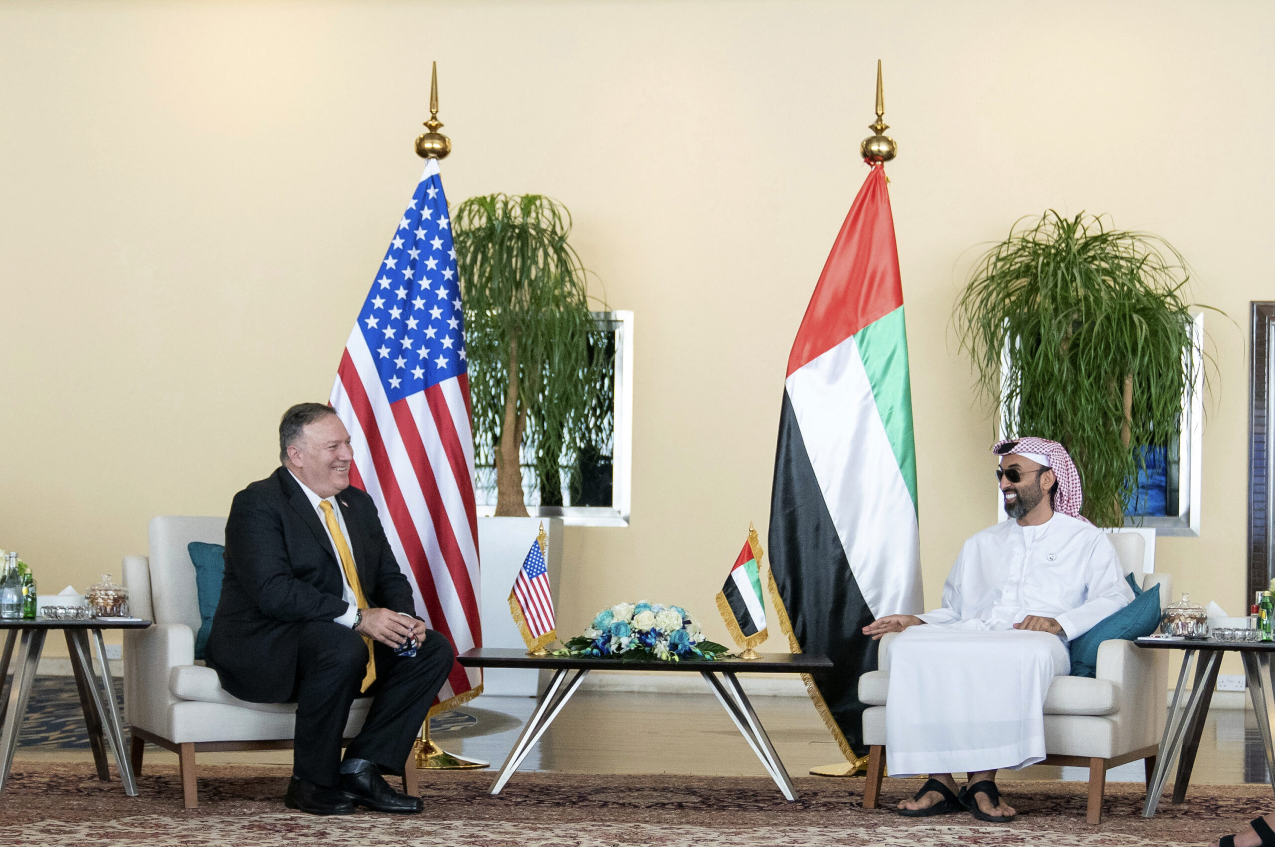 U.S. Secretary of State Mike Pompeo meets United Arab Emirates national security adviser Sheikh Tahnoun bin Zayed Al Nahyan in Abu Dhabi, United Arab Emirates, August 26. (Rashed al-Mansoori/Ministry of Presidential Affairs/WAM via AP)
