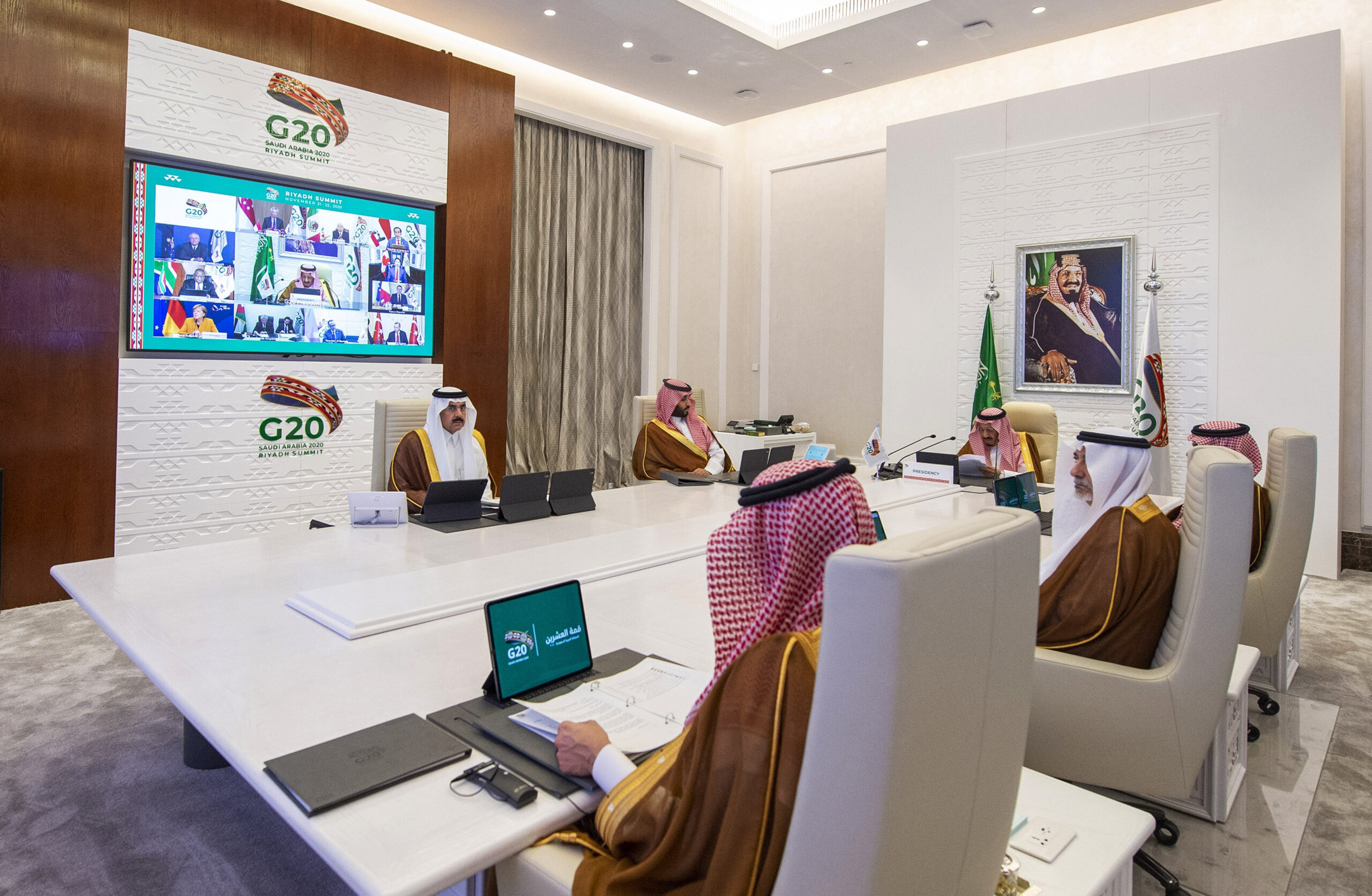 Saudi Arabia's King Salman bin Abdulaziz, top right, gives his opening remarks at a virtual G-20 summit hosted by Saudi Arabia and held over video conference, in Riyadh, Saudi Arabia, Nov. 21. (G20 Riyadh Summit via AP)