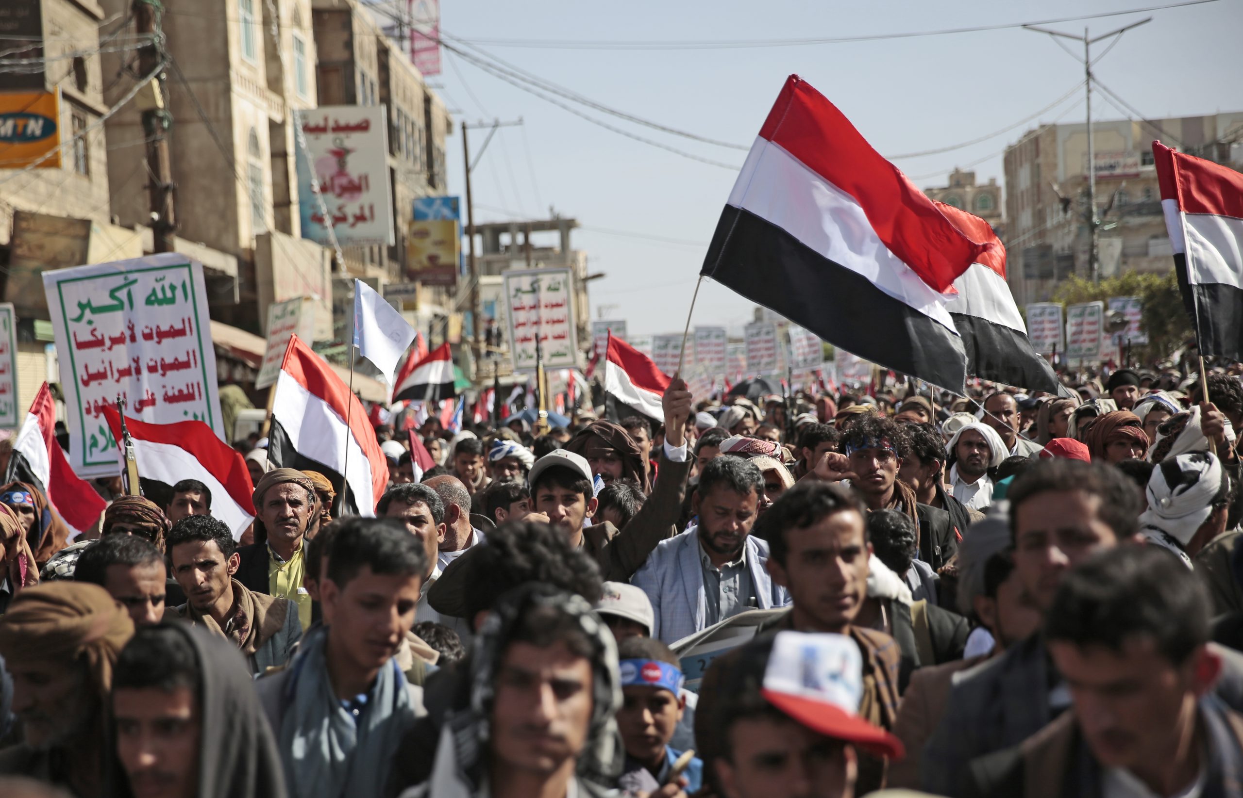 Houthi supporters attend a rally marking six years for a Saudi-led coalition in Sanaa, Yemen, March 26. (AP Photo/Hani Mohammed)