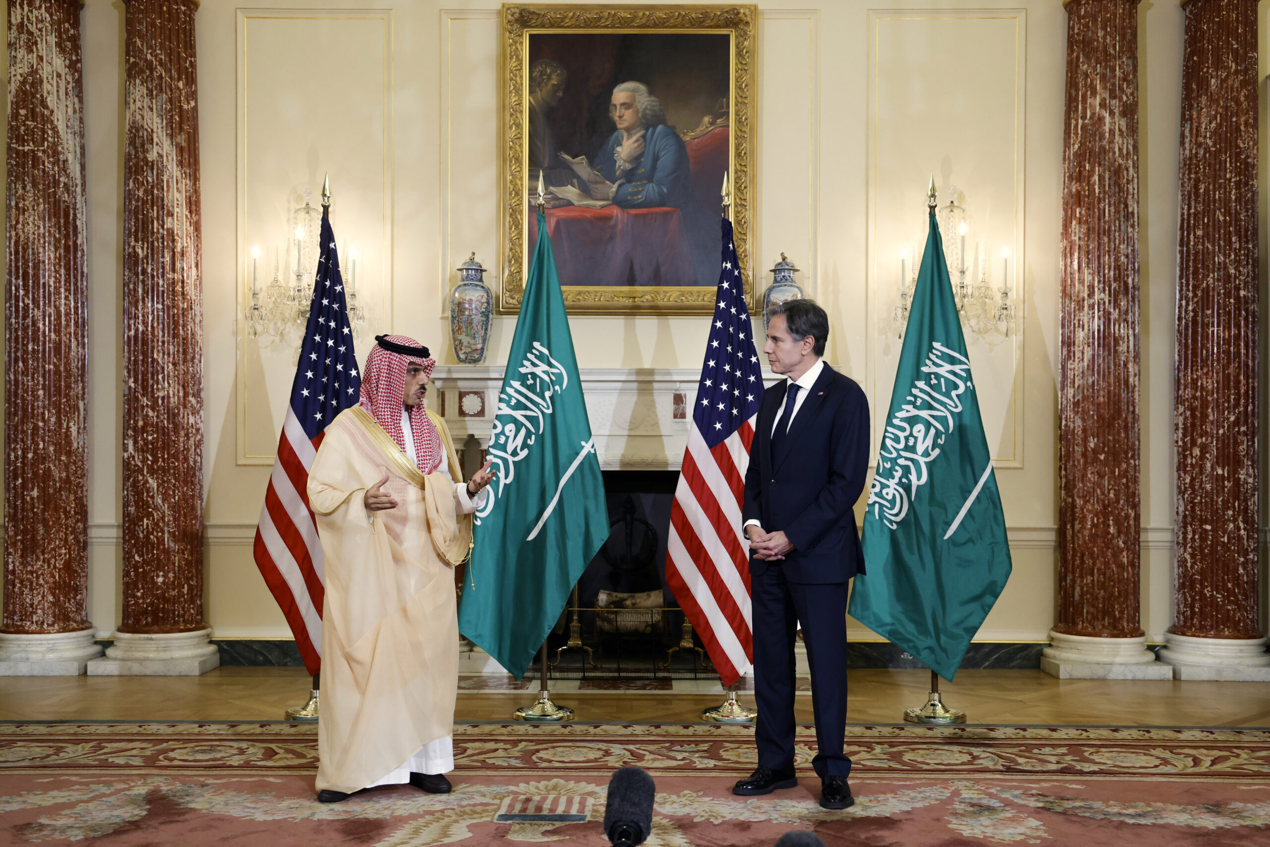 U.S. Secretary of State Antony Blinken, right, and Saudi Foreign Minister Prince Faisal bin Farhan al-Saud speak to reporters, Washington, DC, Oct. 14. (Jonathan Ernst via AP)