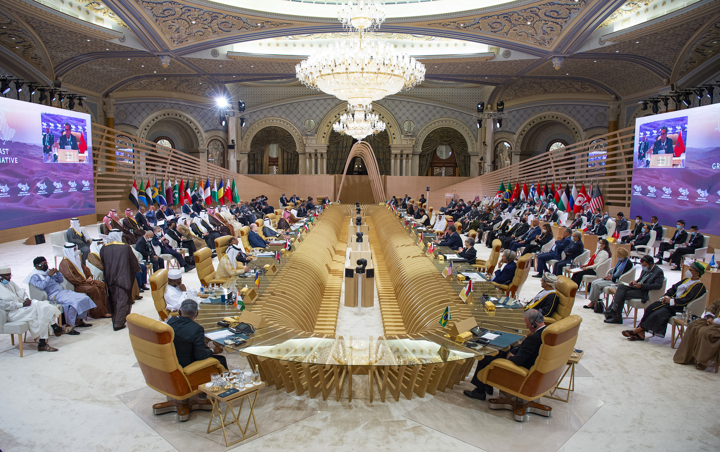 Heads of state and senior officials attend the Green Initiative Summit in Riyadh, Saudi Arabia, Oct. 25, 2021. (Bandar Aljaloud/Saudi Royal Palace via AP)