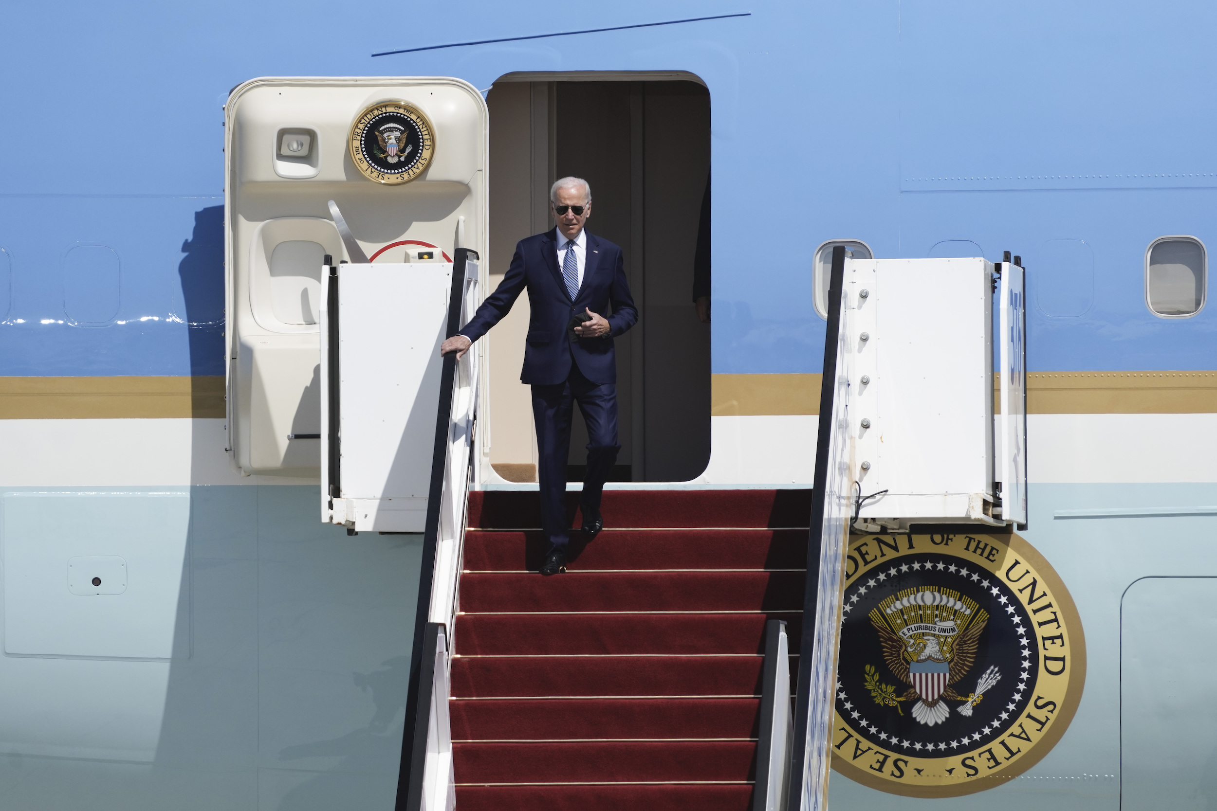 President Joseph R. Biden Jr. walks down the steps of Air Force One upon his arrival at Ben Gurion International Airport near Tel Aviv, Israel, July 13. (AP Photo/Ariel Schalit)