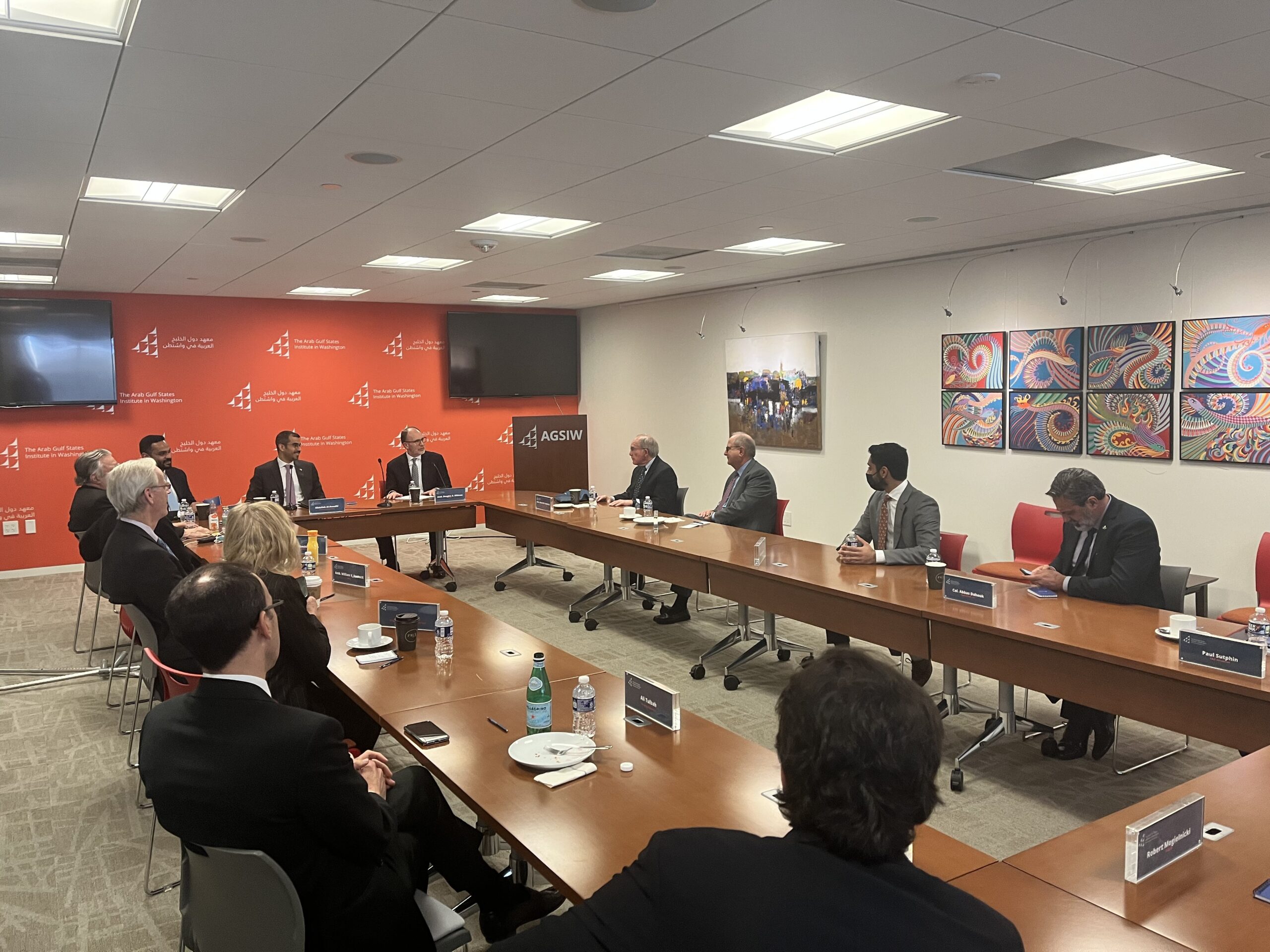 Roundtable discussion with Abdullah Al-Awadhi, director of foreign relations for the speaker of the Kuwaiti National Assembly, center left, and AGSIW President Ambassador Douglas A. Silliman, center right