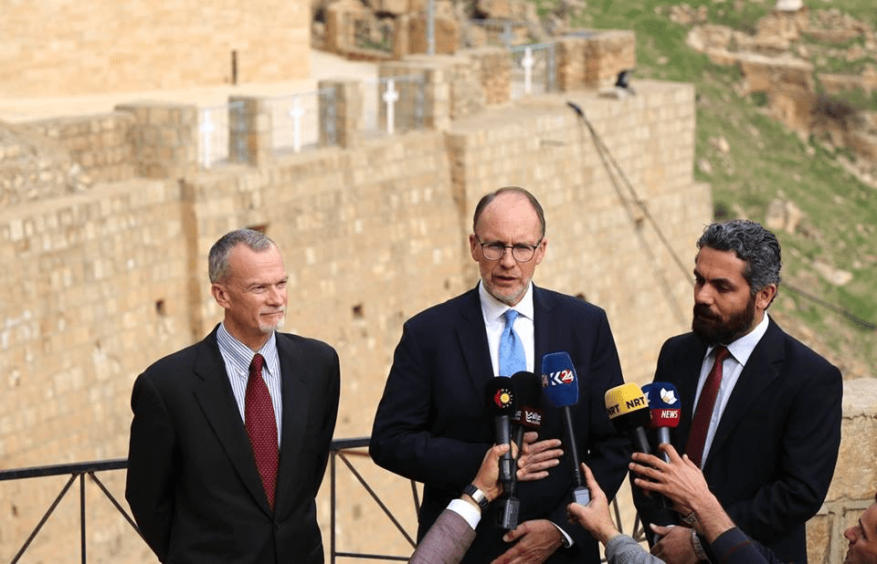 Ambassador Douglas A. Silliman speaks at a press conference in Iraq’s Nineveh province.