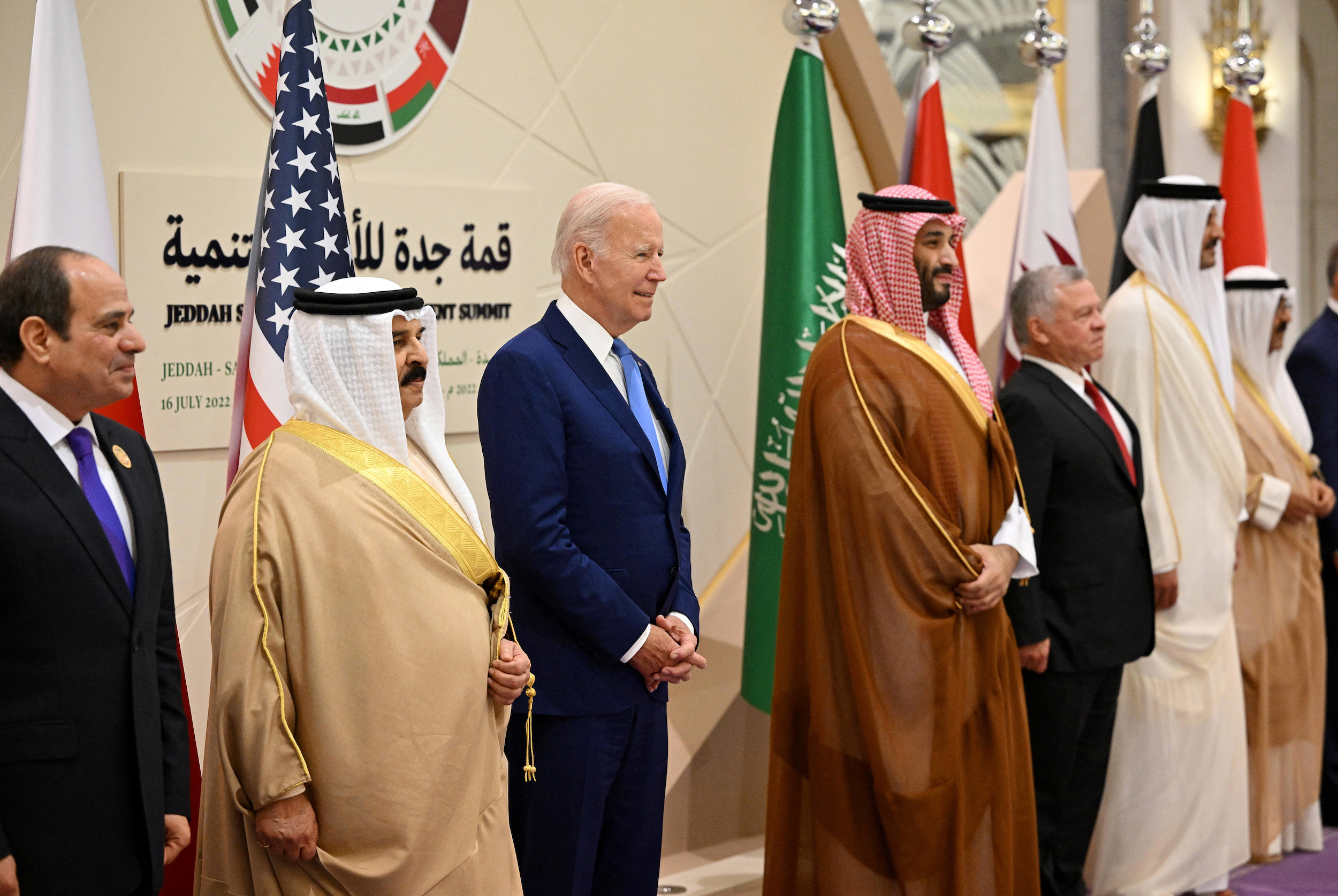From left: Egyptian President Abdel Fattah al-Sisi; Bahraini King Hamad bin Isa bin Salman al-Khalifa; U.S. President Joseph R. Biden, Jr.; Saudi Crown Prince Mohammed bin Salman; Jordanian King Abdullah II; Qatari Emir Tamim bin Hamad al-Thani; and Kuwaiti Crown Prince Meshal al-Ahmad al-Jaber al-Sabah pose for a photo during the Jeddah Security and Development Summit in Jeddah, Saudi Arabia July 16. (Mandel Ngan/Pool via REUTERS)