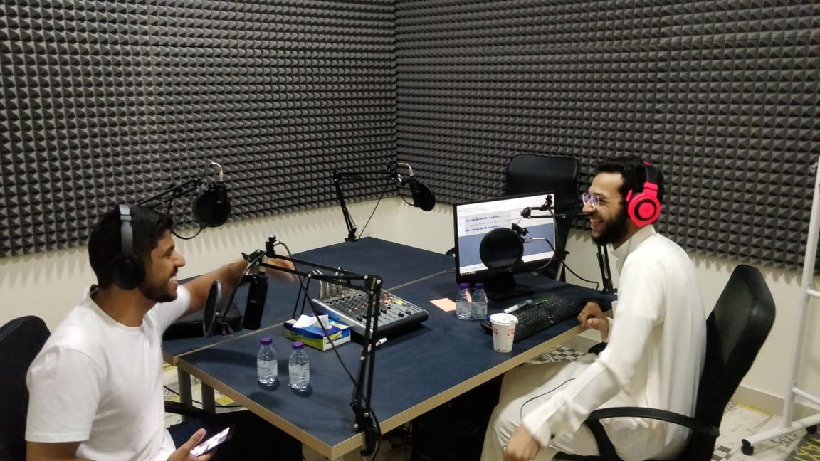 Recording an episode for the podcast al-Jabl (Saud al-Budaiya)
