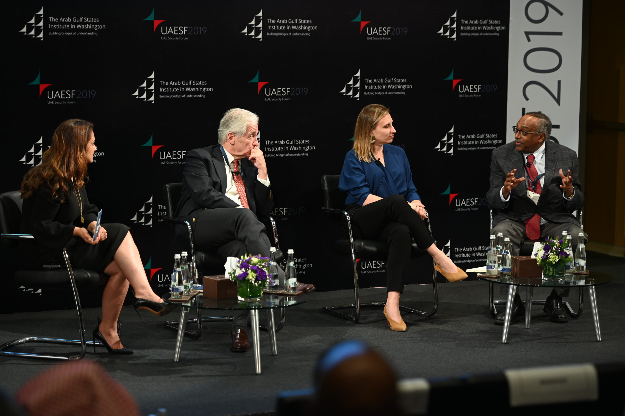 Session I, "Growing Global and Regional Competition in the Horn of Africa and Red Sea," at the UAE Security Forum 2019. From left to right: Mina Al-Oraibi, editor in chief, The National; Ambassador Alexander Rondos, EU special representative for the Horn of Africa; Susan Stigant, director of Africa programs, United States Institute of Peace; and Abdul Mohammed, chief of staff and senior political advisor, African Union High Level Implementation Panel for Sudan and South Sudan