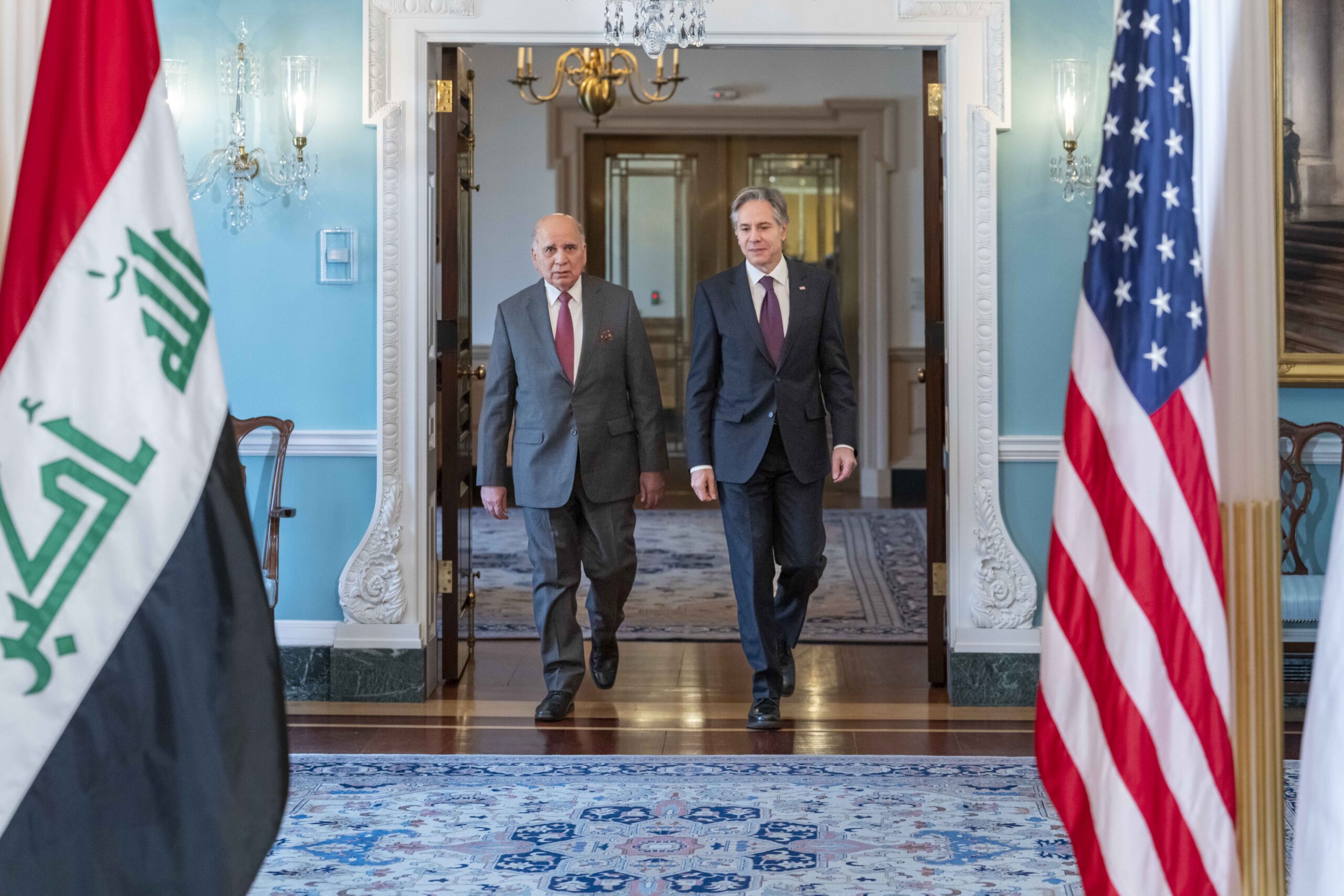 Secretary of State Antony Blinken and Iraqi Foreign Minister Fuad Hussein prepare to address reporters before their bilateral meeting at the U.S. Department of State in Washington, DC, on February 9. (State Department photo by Ron Przysucha/Public Domain)