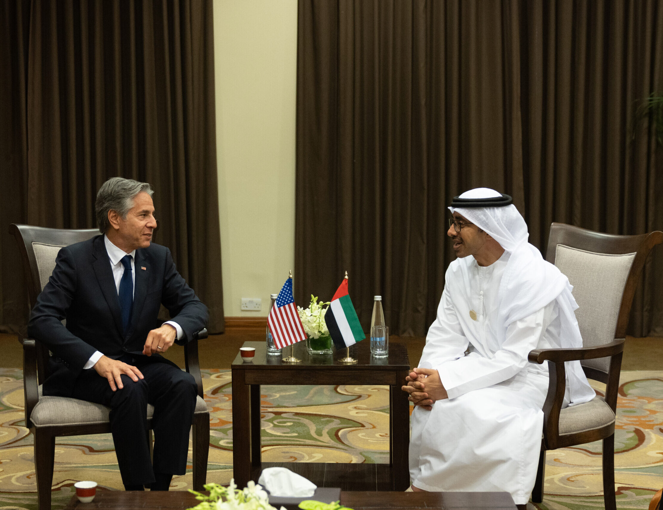 U.S. Secretary of State Antony Blinken meets with Emirati Foreign Minister Abdullah bin Zayed al-Nahyan in Sweimeh, Jordan, June 11. (Official State Department photo by Chuck Kennedy)