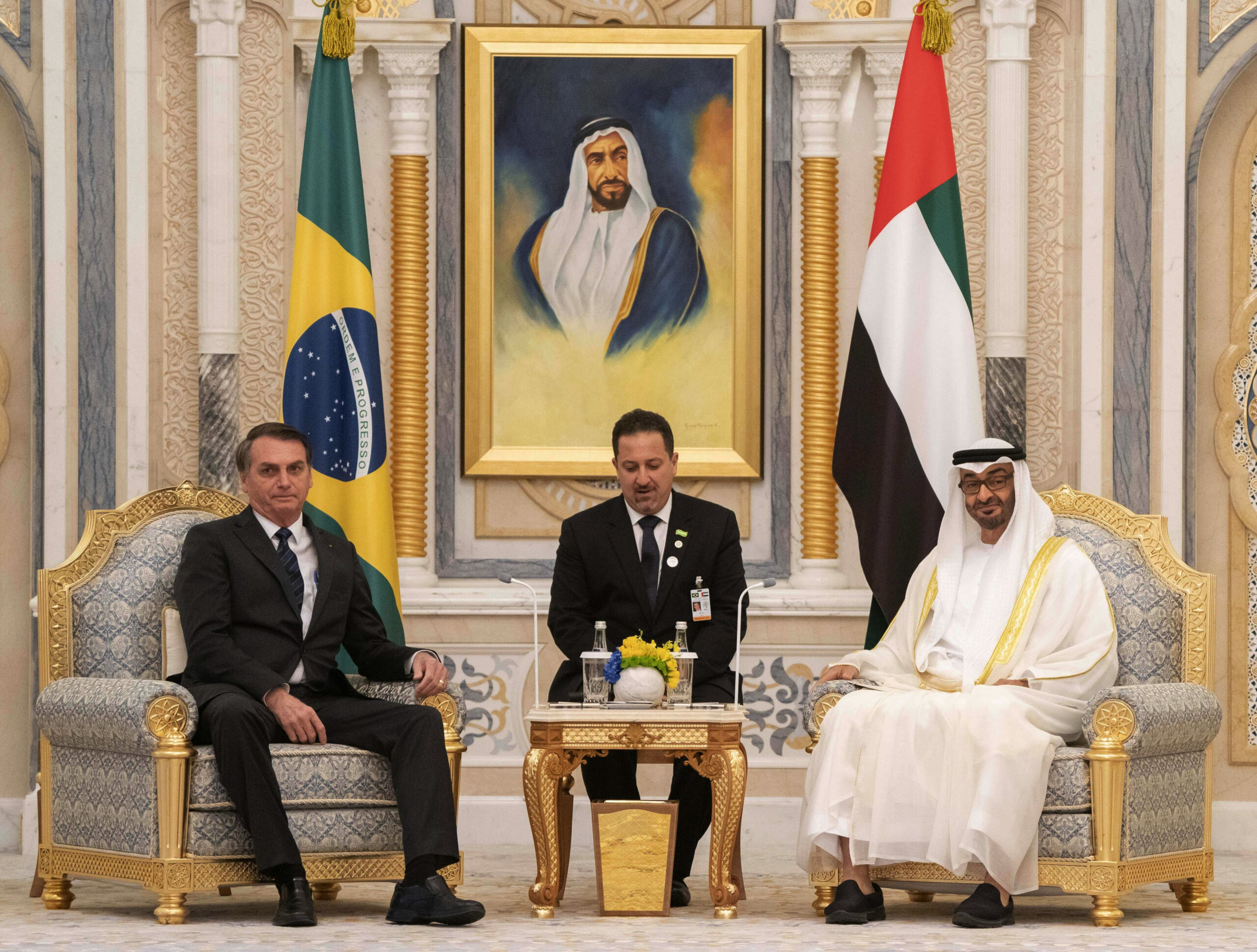 Mohammed bin Zayed al-Nahyan, president of the United Arab Emirates and ruler of Abu Dhabi, right, meets with former Brazilian President Jair Bolsonaro during an official reception at Qasr Al Watan in Abu Dhabi, UAE, Oct. 27, 2019. (Hamad Al Kaabi/Ministry of Presidential Affairs via AP)