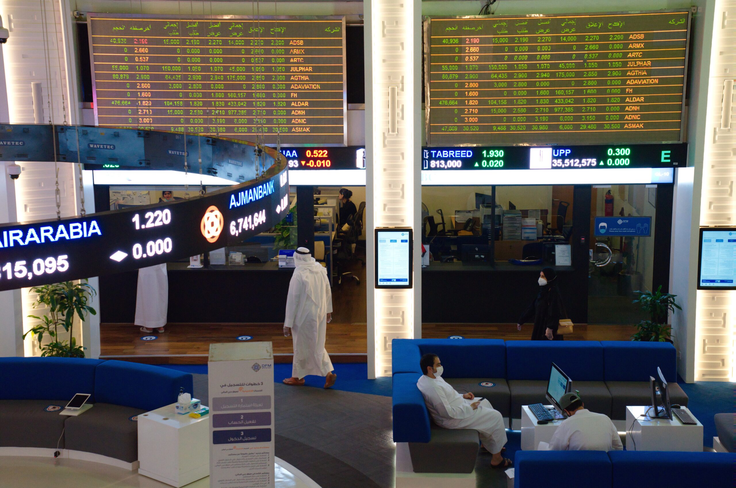 Emiratis work on the floor of the Dubai Financial Market in Dubai, United Arab Emirates, Tuesday, July 7, 2020. (AP Photo/Jon Gambrell)