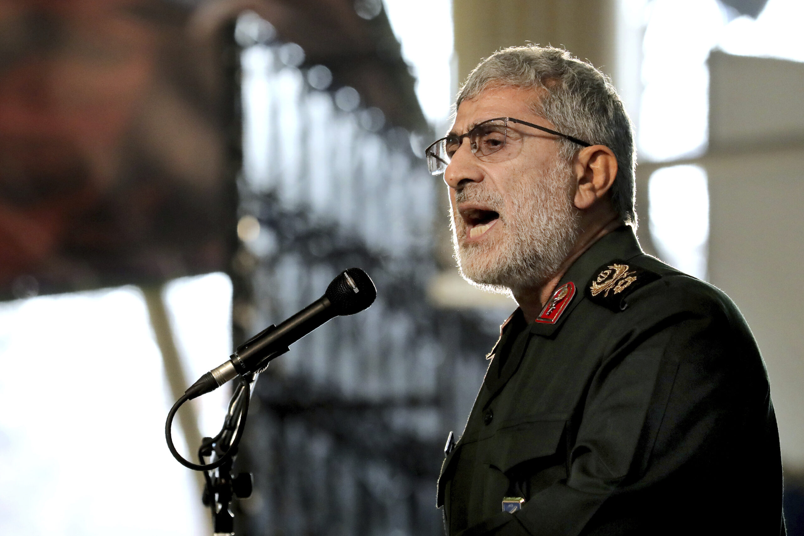 General Ismail Qaani, the new head of Quds Force, speaks during a ceremony on the occasion of first anniversary of death of the force's previous head General Qassem Soleimani, in Tehran, Iran, Friday, Jan. 1, 2021. (AP Photo/Ebrahim Noroozi)