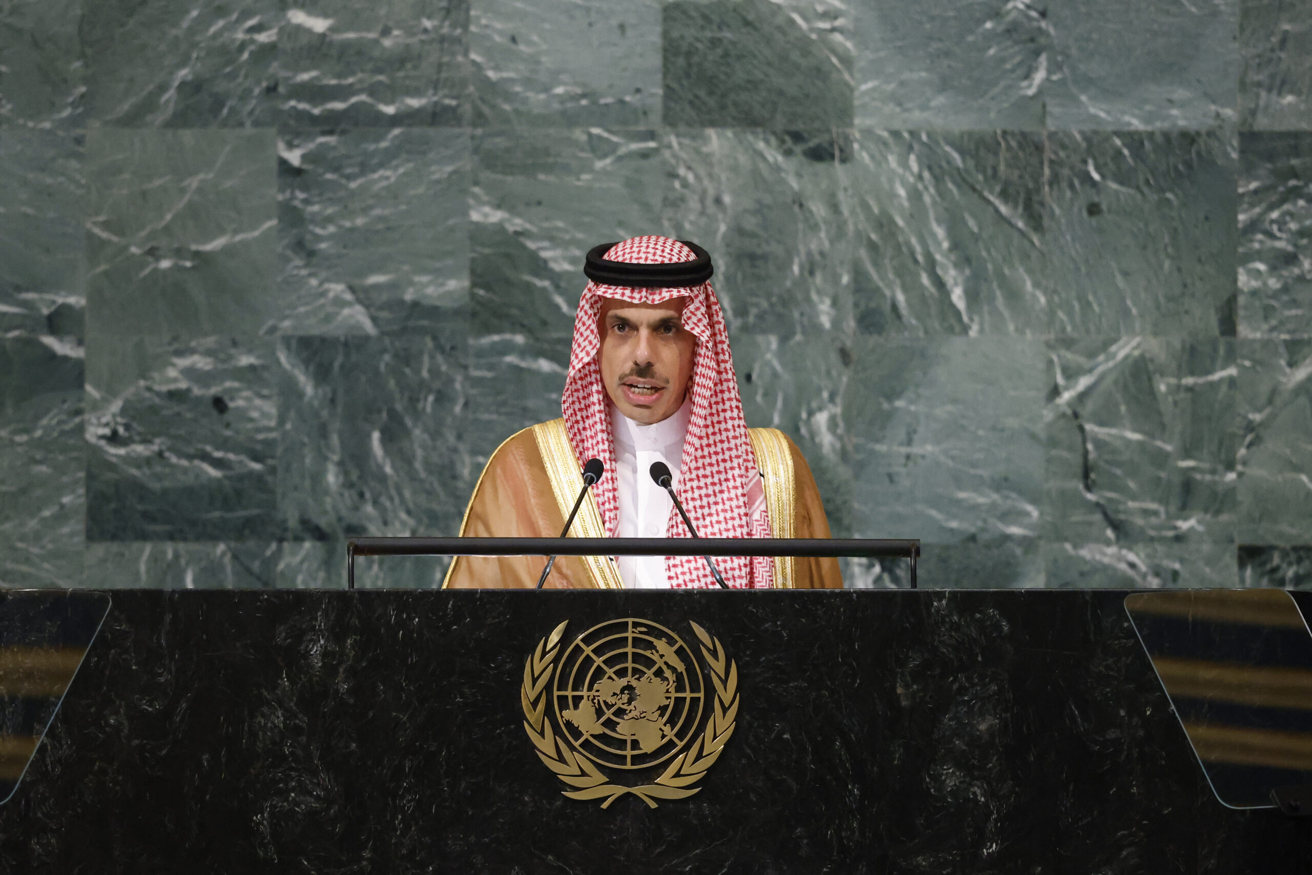 Saudi Foreign Minister Prince Faisal bin Farhan addresses the 77th session of the United Nations General Assembly, at U.N. headquarters, Sept. 24. (AP Photo/Jason DeCrow)