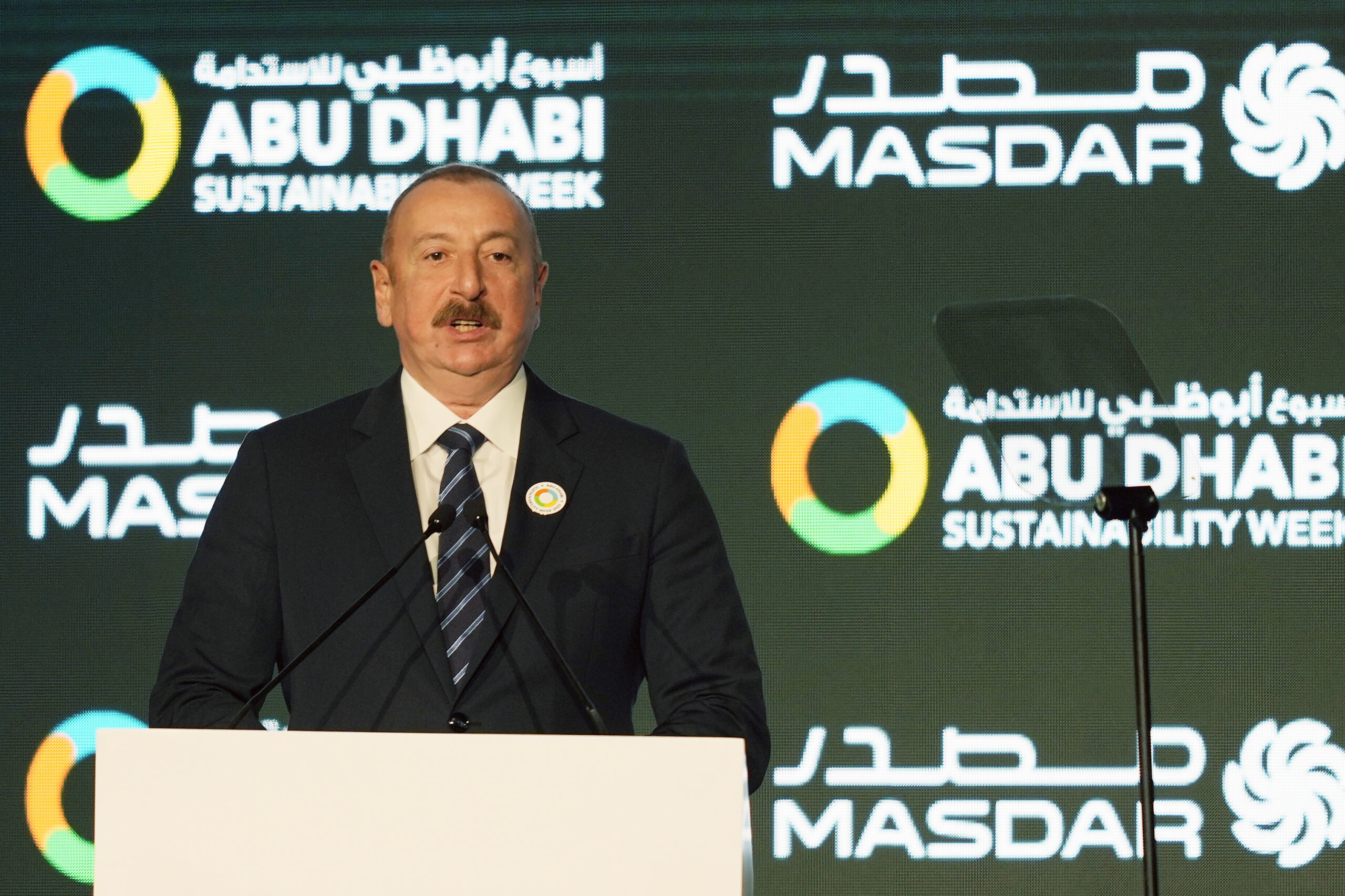 Azerbaijani President Ilham Aliyev speaks during the Abu Dhabi Sustainability Week's opening ceremony, in Abu Dhabi, United Arab Emirates, Jan. 16, 2023. (AP Photo/Kamran Jebreili)