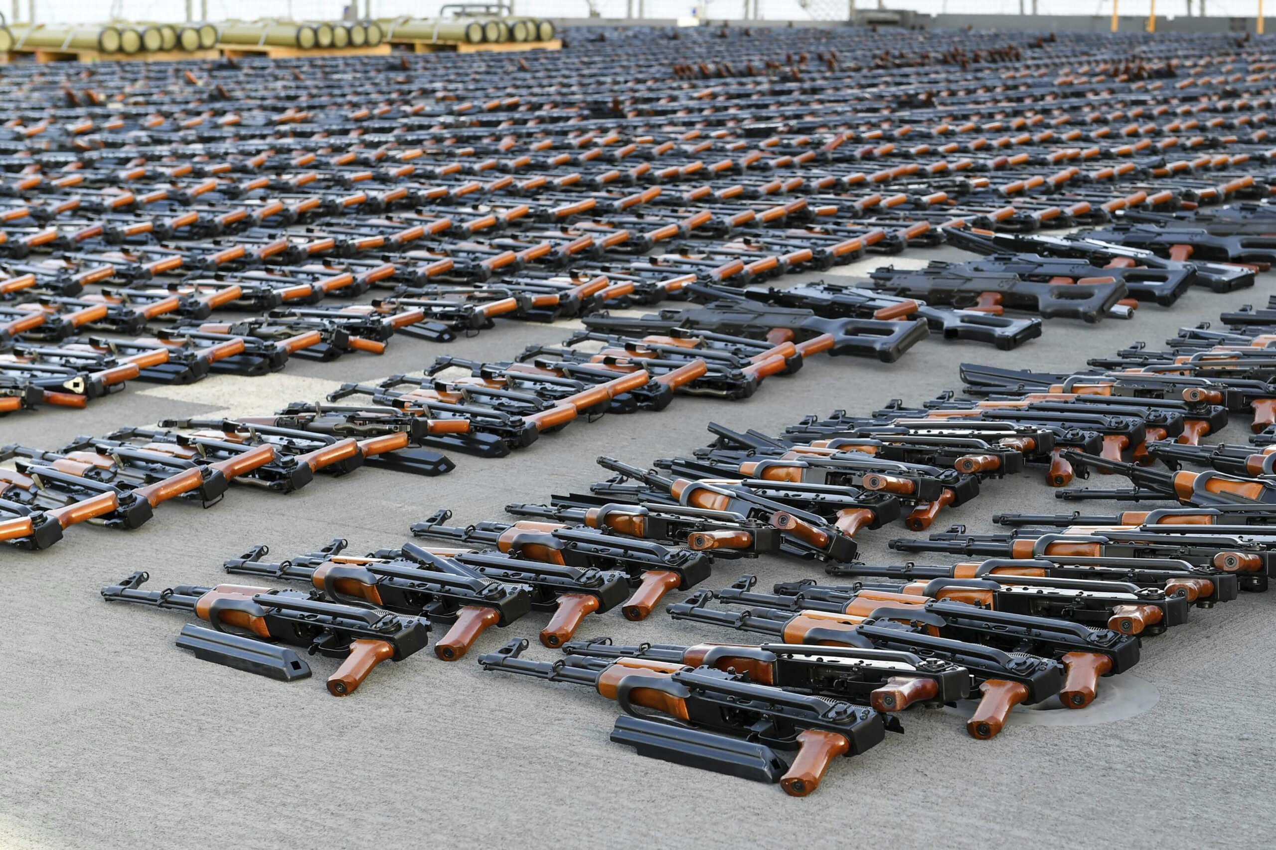 Assault rifles and missiles seized by the French navy lay on the deck of a ship at an undisclosed location Wednesday, Feb. 1. (U.S. Central Command via AP)