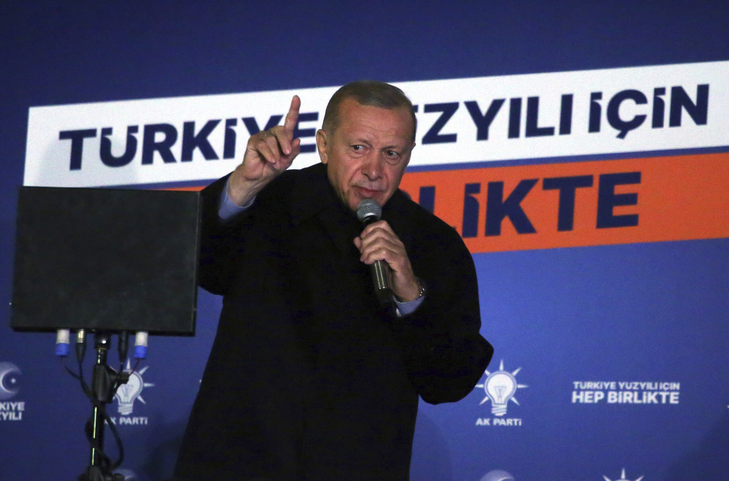 Turkish President Recep Tayyip Erdogan gives a speech at his party headquarters, in Ankara, Turkey, May 15. (AP Photo/Ali Unal)