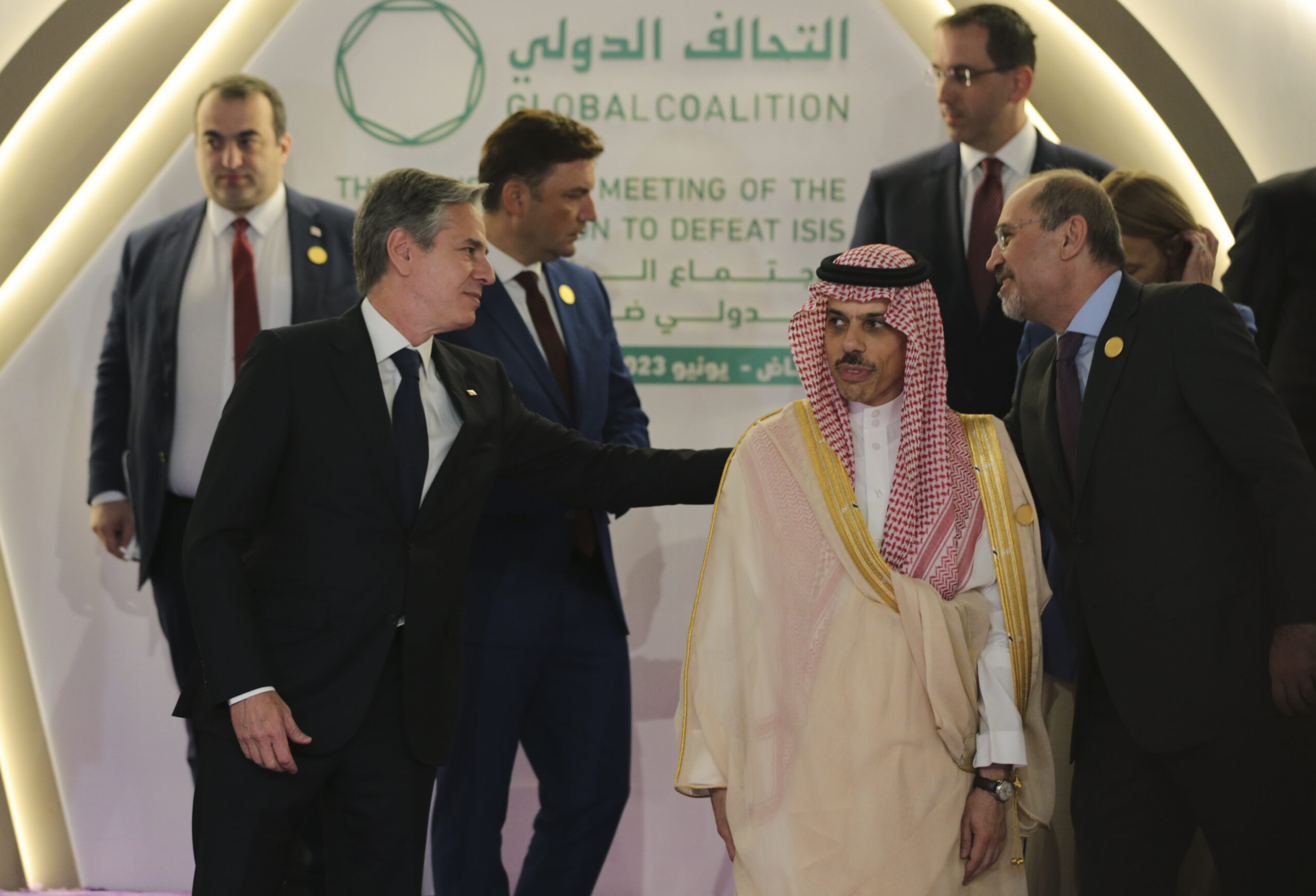 Saudi Foreign Minister Prince Faisal bin Farhan, second right, Jordanian Foreign Minister Ayman Safadi, right, and U.S. Secretary of State Antony Blinken, front left, attend the ministerial meeting for the Global Coalition to Defeat ISIS at the Intercontinental Hotel in Riyadh, Saudi Arabia, June 8. (Ahmed Yosri/Pool Photo via AP)