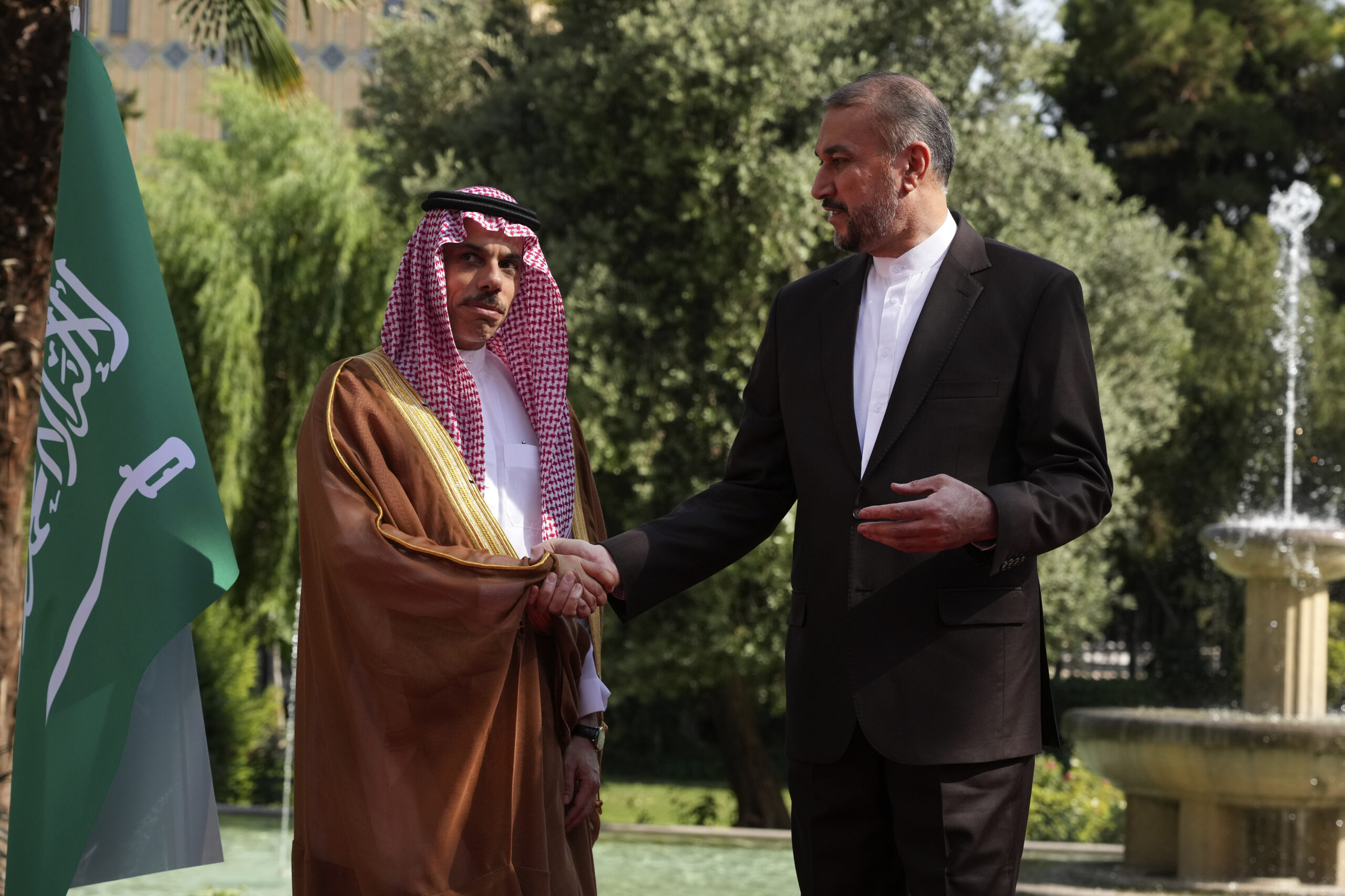 Iranian Foreign Minister Hossein Amir-Abdollahian, right, and his Saudi counterpart, Prince Faisal bin Farhan, shake hands prior to their meeting in Tehran, Iran, June 17. (AP Photo/Vahid Salemi)