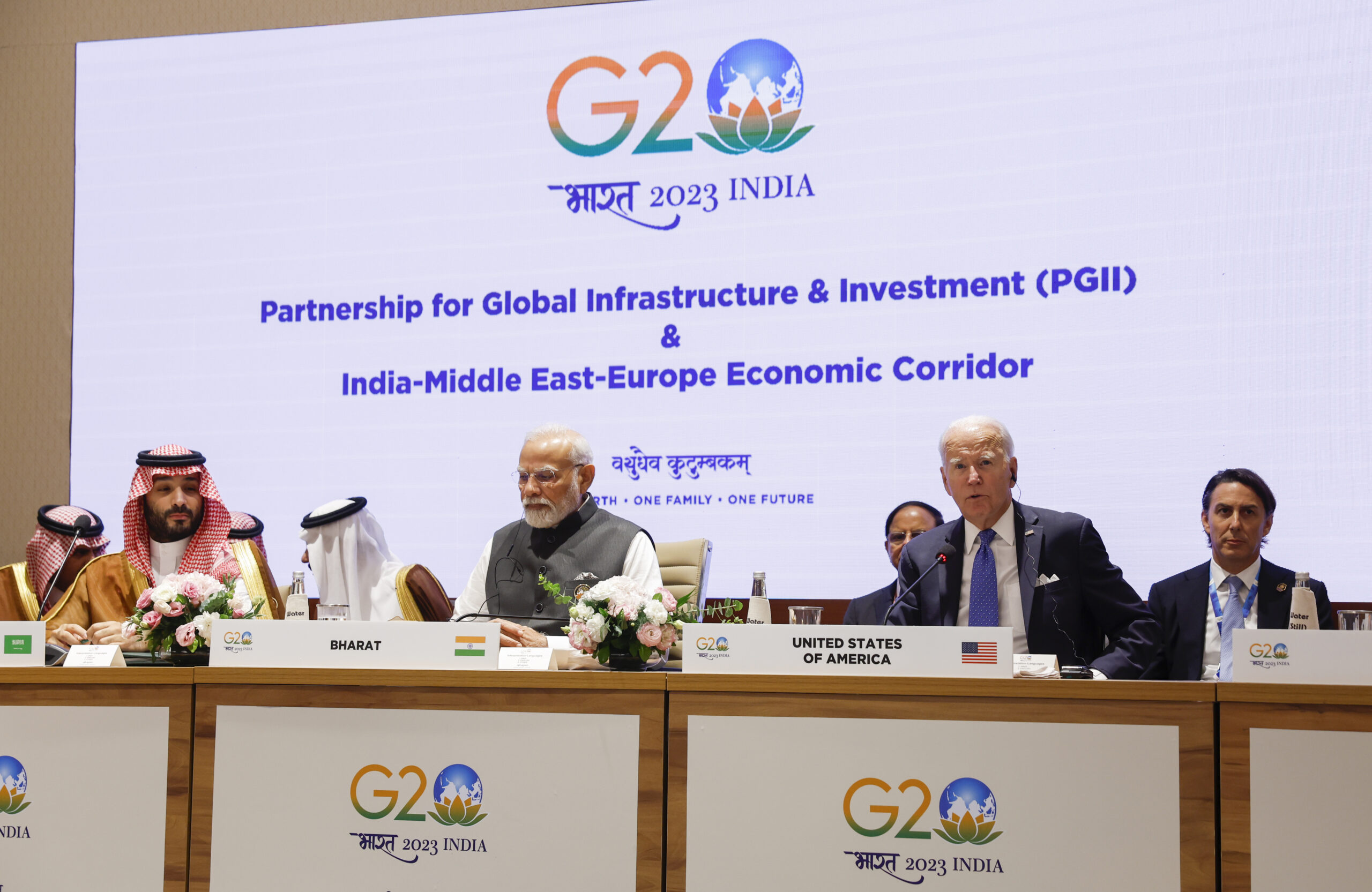Saudi Crown Prince Mohammed bin Salman, left, Indian Prime Minister Narendra Modi, center, and U.S. President Joseph R. Biden Jr., right, attend the Partnership for Global Infrastructure and Investment event at the G20 summit in New Delhi, India, Sept. 9. (AP Photo/Evelyn Hockstein, Pool)